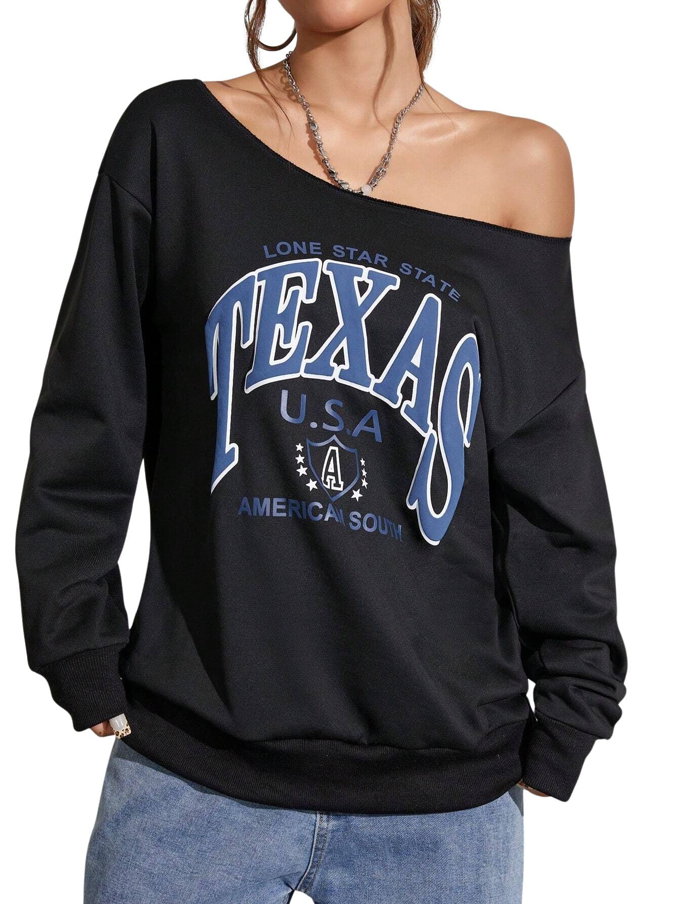 sxv style Women Oblique Shoulder Long Sleeve Letter Print Casual Sweatshirt-picture-32