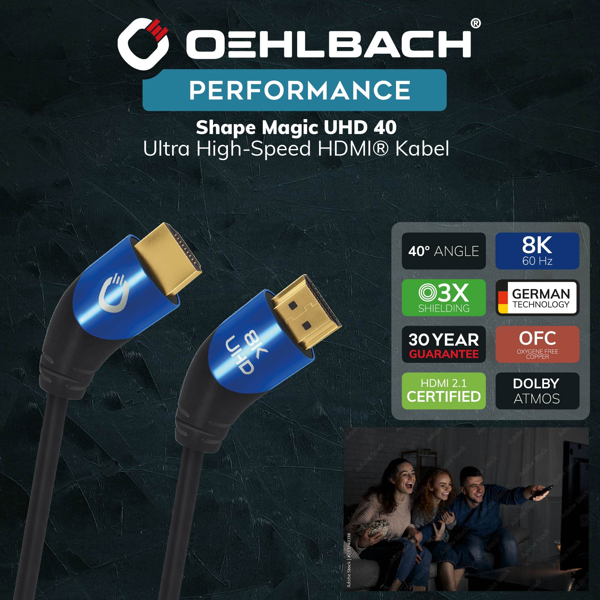 Oehlbach Shape Magic 40-8K Câble HDMI 2.1 ultra haute vitesse – Certifié 48 Gbps (fiche coudée à 40 °, triple blindage OFC en cuivre monté), noir, 3 m