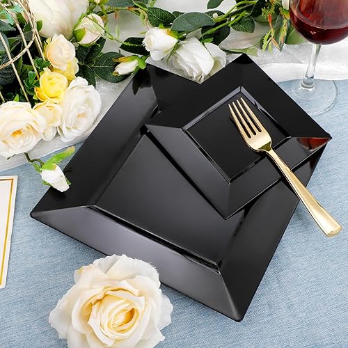 Miniatura 3 de Liacere 100 platos de plástico negro - Platos desechables cuadrados negros premium - Incluye 50 platos de cena de 9.5 pulgadas - 50 platos de postre