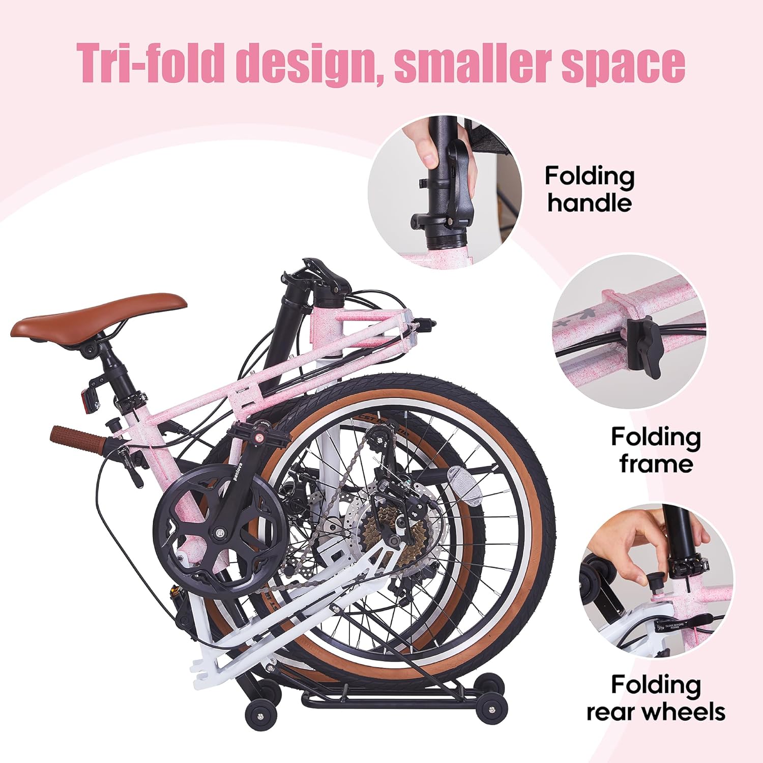 20 Inch Folding Bike, 7-Speed Foldable Bike for Adults Women Men, Folding Bicycles with Basket for Adults, Commuter Bikes with Front and Rear Disc Brakes, Adjustable Seat