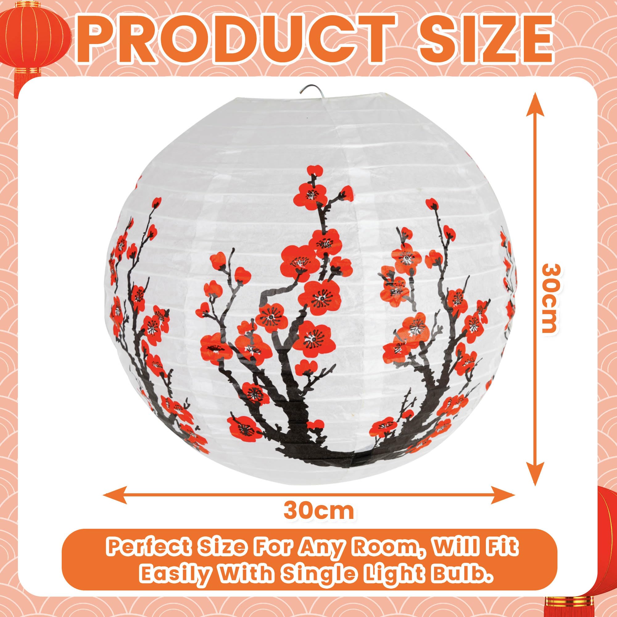 Paper Lampshade Hanging Light Shade 30cm, Oriental Ribbed Japanese Ceiling Fixture with Cherry Blossom & Floral Patterns - Image 3