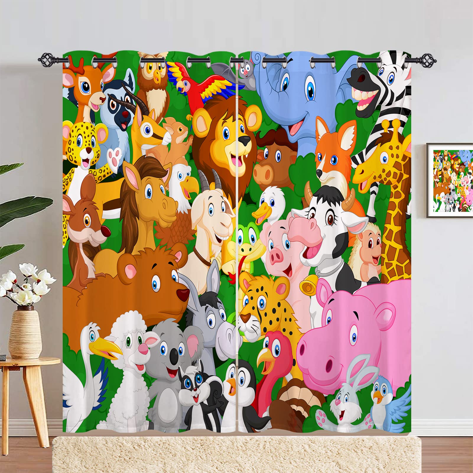 ANHOPE Animal Curtains Eyelet Thermal 80% Blackout Curtains with Jungle Safari Zoo Lion Elephant Print Pattern Soft Soundproof Window Drapes for Kids Nursery Bedroom Living Room 46 x 72 Inch 2 Panels