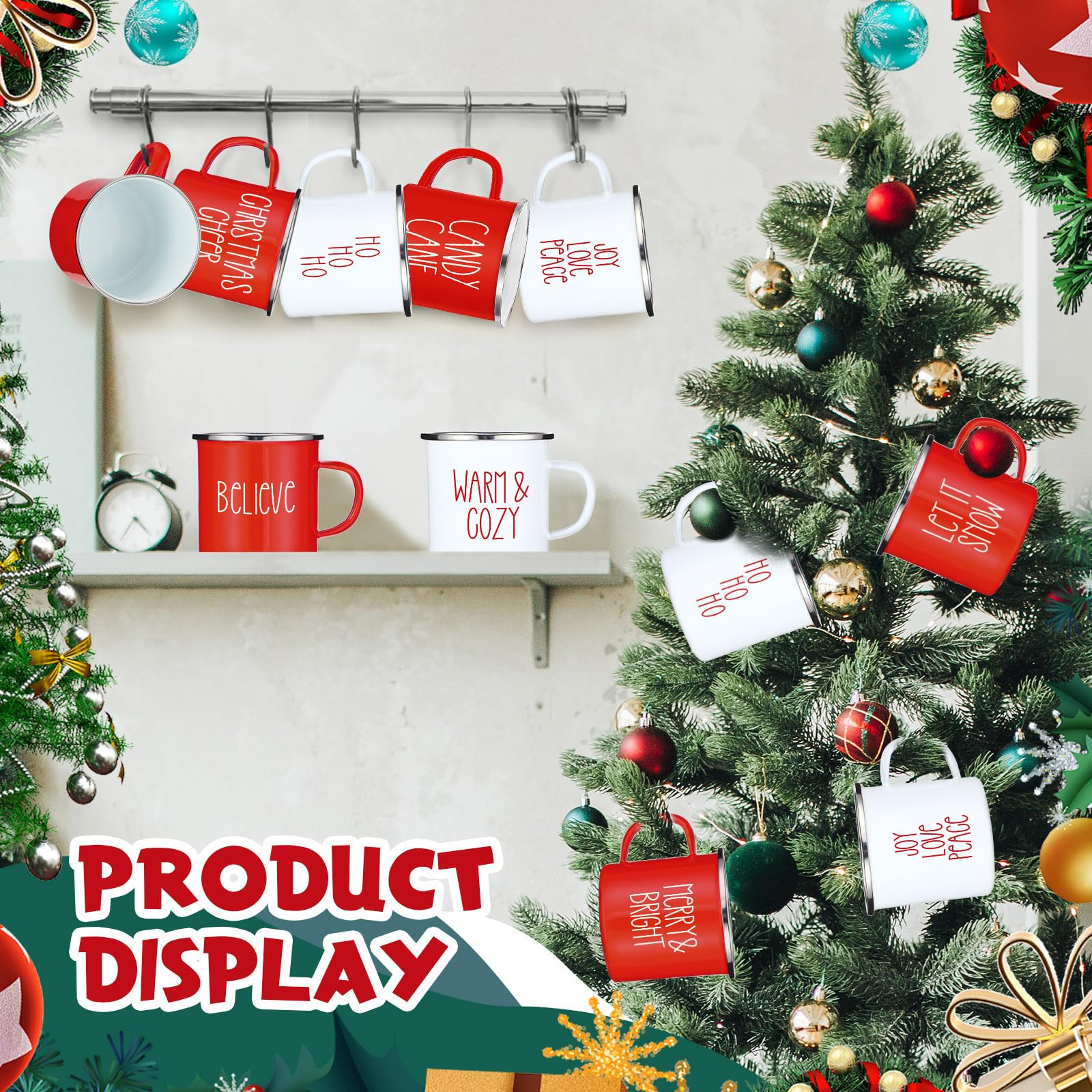 Sieral Taza de café esmaltada de Navidad, tazas de café de invierno con citas, tazas de Navidad de temporada de 12 onzas, tazas de Navidad blancas y rojas, tazas de café divertidas para mujeres,
