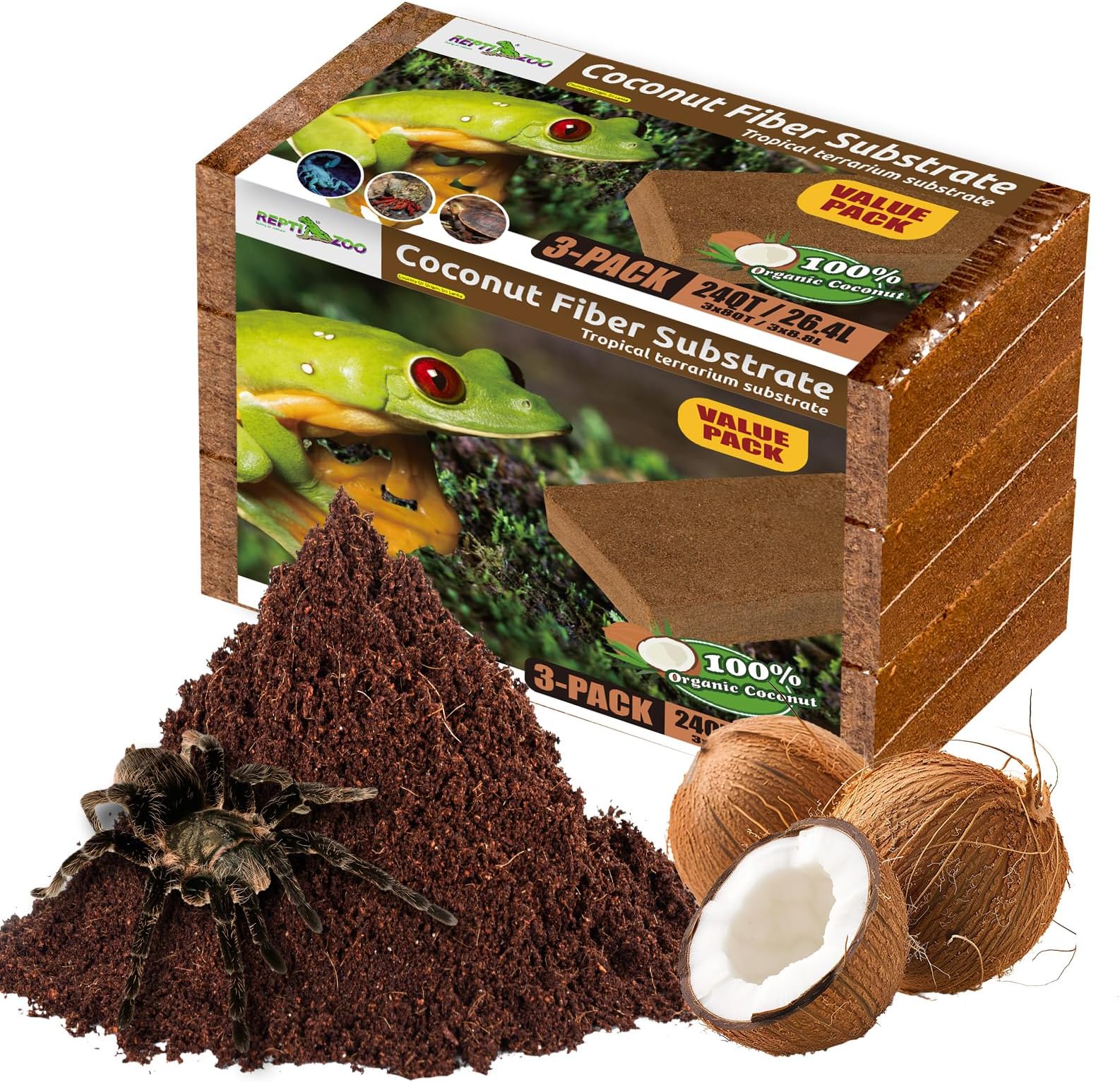 REPTI ZOO3 Pack Coconut Fiber Substrate for Reptile, 24QT Reptile Coco Coir Brick for Hermit Crab Turtle Snake Frog Gecko Lizard Spider, Reptile Coconut Husk Terrarium Bedding