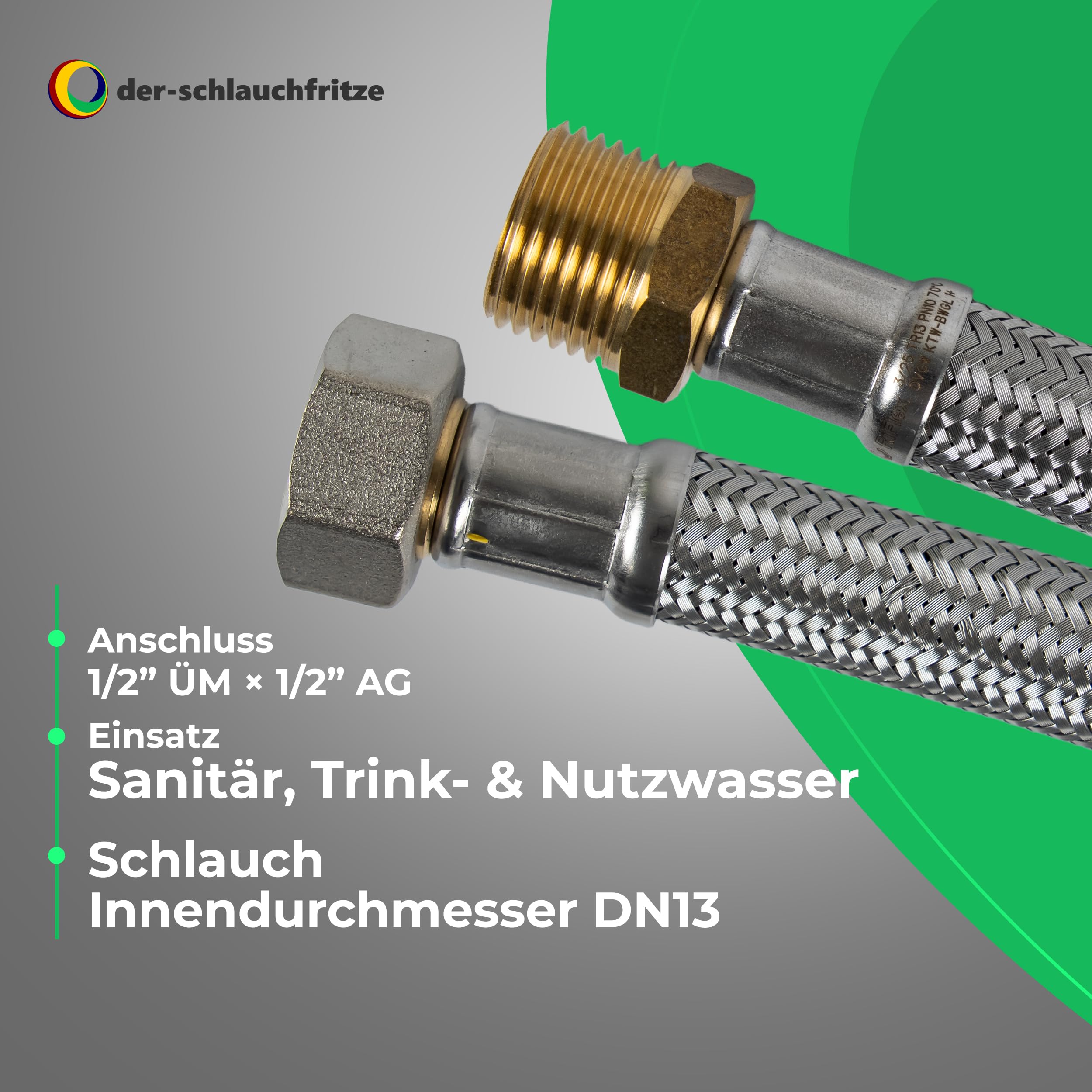 Tuyau blindé et flexible de 1/2" ÜM x 1/2" AG DN13 - Pour sanitaire avec homologation pour l'eau potable.