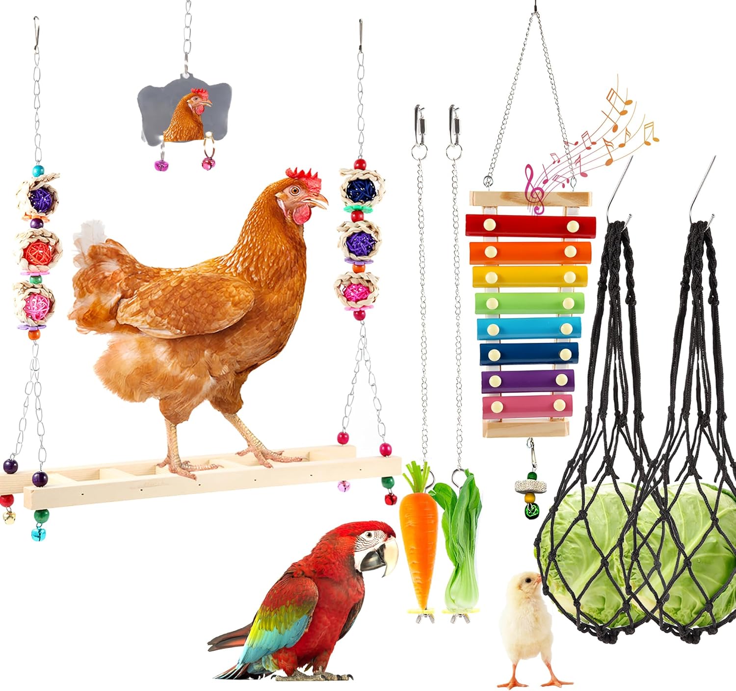 8PCS Chicken Toys for Coop Accessories, Chicken Swing, Xylophone, Mirror, Vegetable Hanging Feeder, Fruit Rack for Poultry Rooster Large Bird Parrot Lovers’ Entertainment Gift