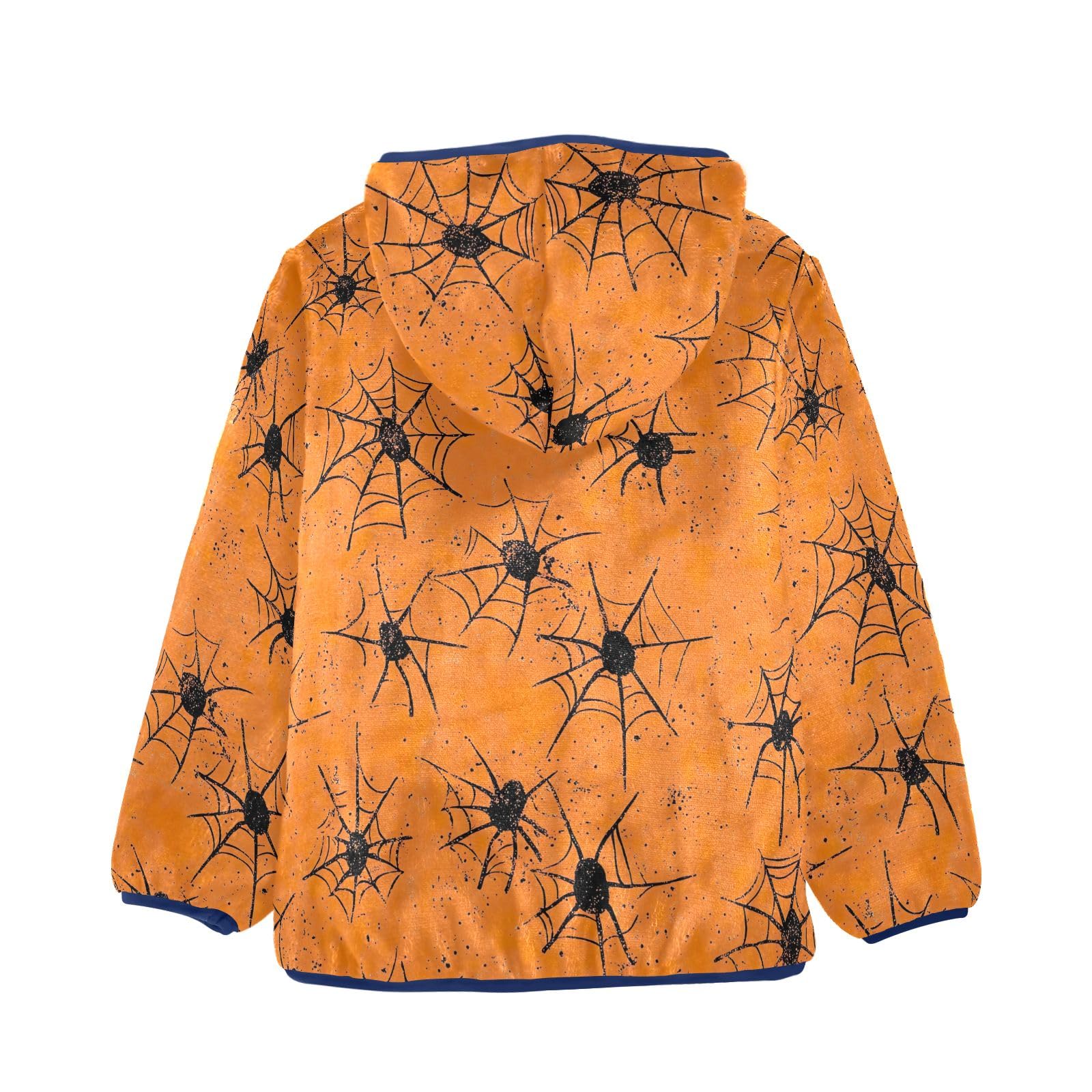 CHIFIGNO Girls Boys Fleece Jacket Cute Kids Hoodie Toddler Sweatshirt with Pockets for Toddler and Kids, Black Spiderwebs on Orange, 9-10T