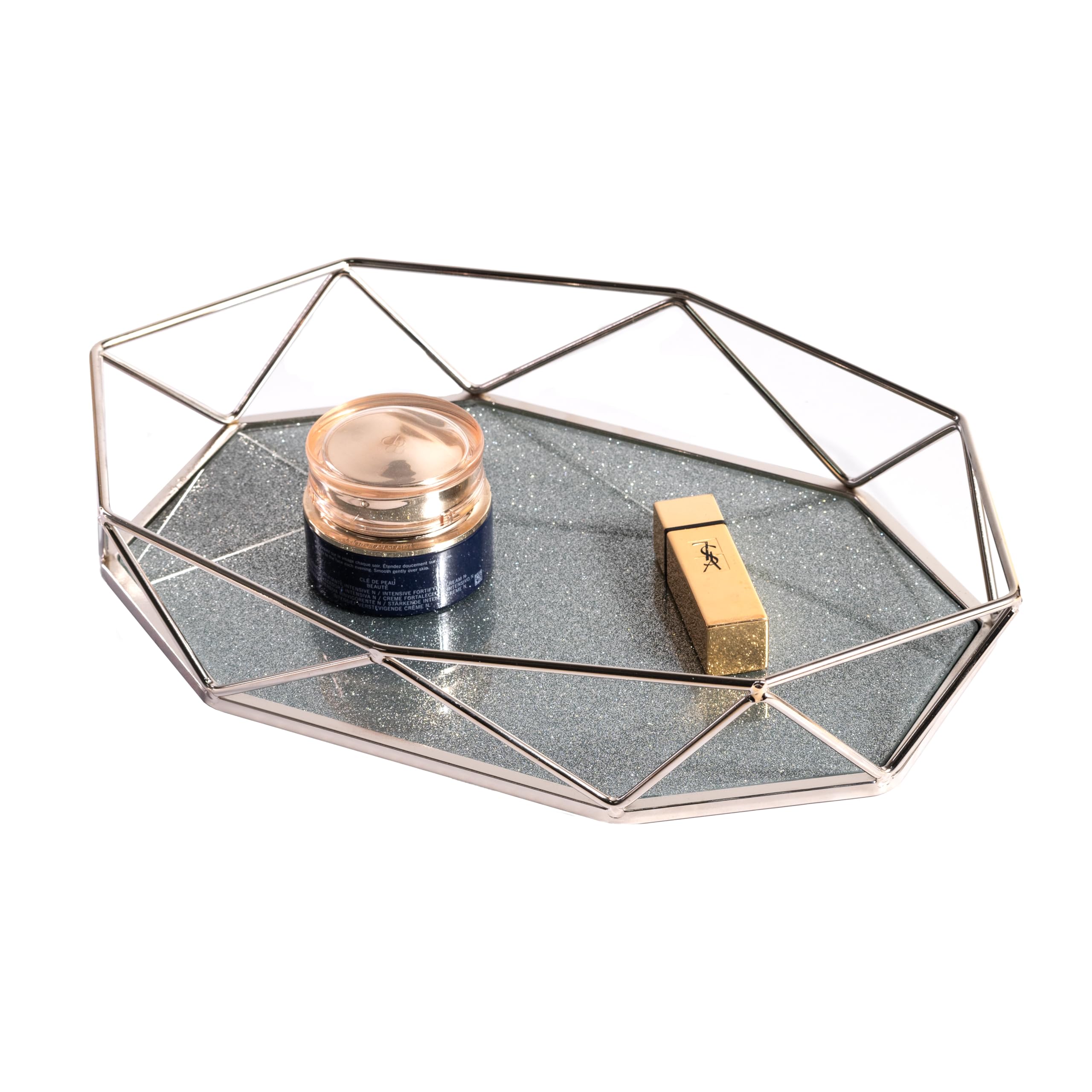View 1 of Glass Vanity Tray, Silver Mirror Tray, Octagon Perfume Tray Organizer of Dresser Bathroom Counter,Tabletop Tray Storage and Display for Makeup Cosmetic Skincare, Delectable Bedroom Decorative Tray Dark Grey Glass