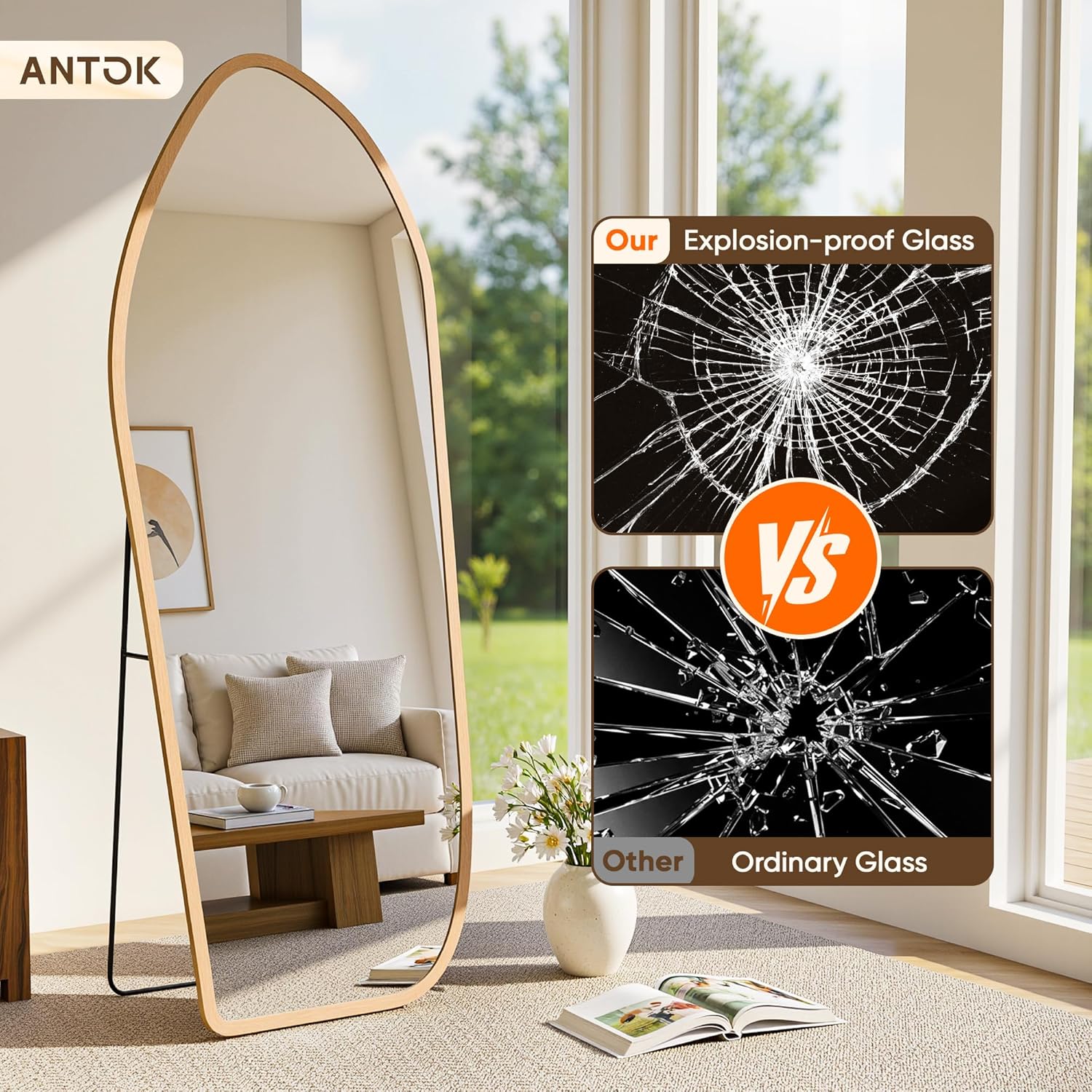 Antok Full Length Mirror, Oversized Floor Mirror with Solid Wood Frame, Large Standing Mirror Floor Length Mirrors for Bedroom Living Room, Wood Art Style, Light Walnut, 86" L x 40" W