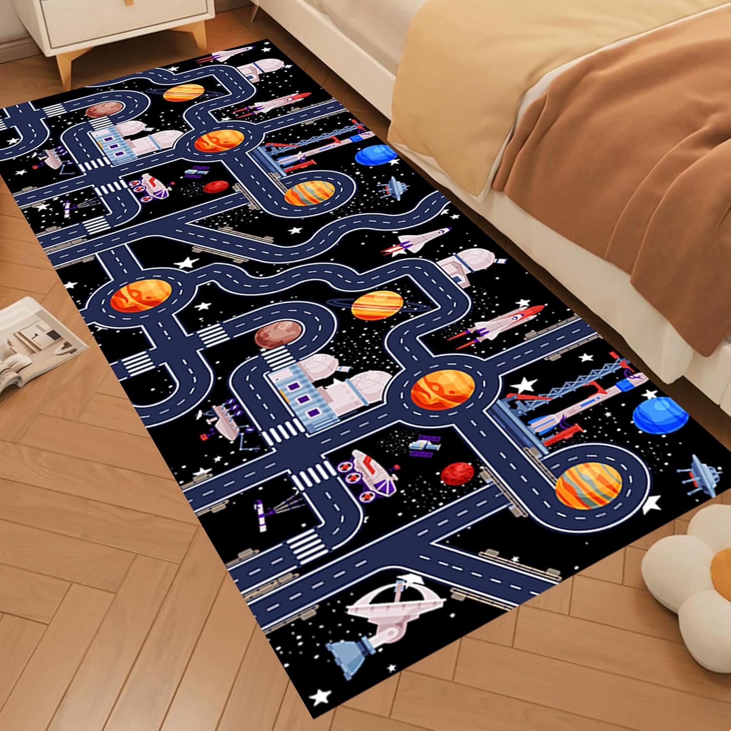 Outer Space Kids Rug, 2x6ft, Solar System Galaxy Planets Satellite Spaceship Rocket Road Rug, Soft Foldable Non-Shed Kids Playmat Car Carpet for Nursery Daycare Children Room