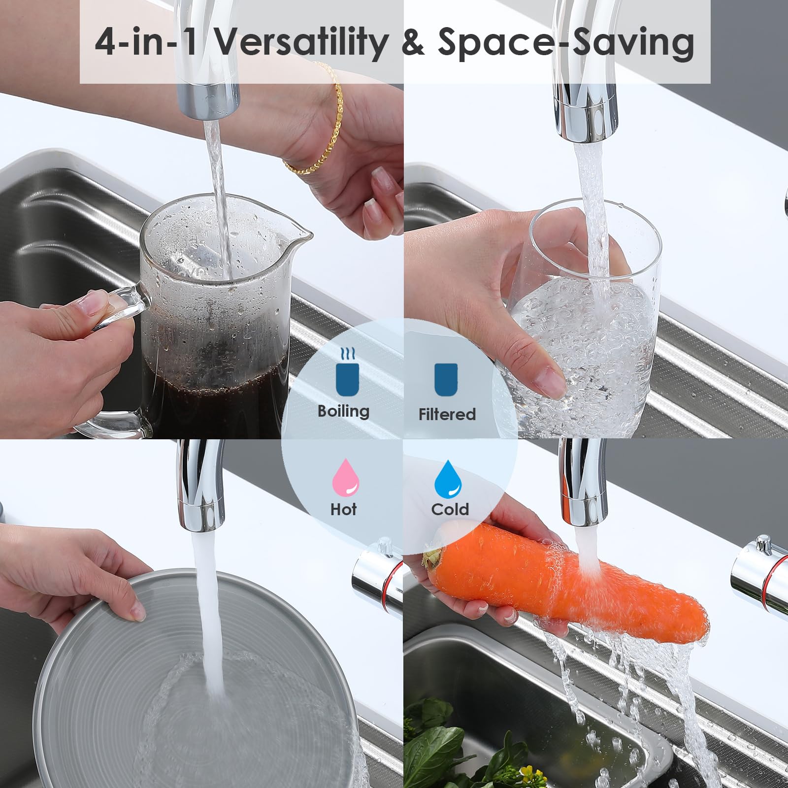 Grifo de agua hirviendo 4 en 1, filtrado en frío, grifo principal de agua caliente y fría instantánea con unidad de caldera y filtro de temperatura ajustable, aprobado por WRAS