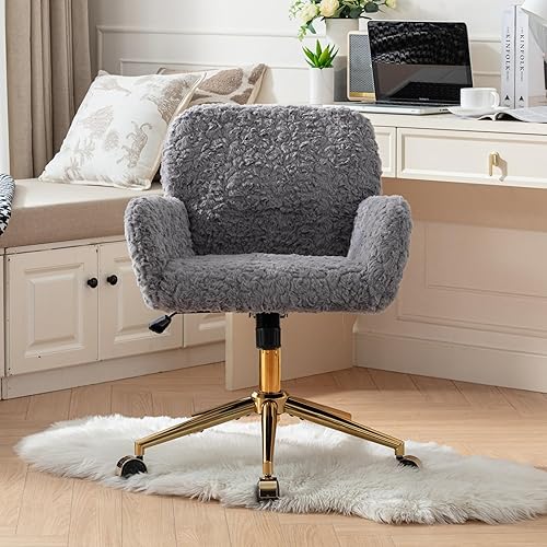 Miniatura 111 de Silla moderna de peluche para oficina en casa, bonita silla de escritorio tapizada con patas de metal dorado, silla giratoria ajustable con ruedas,