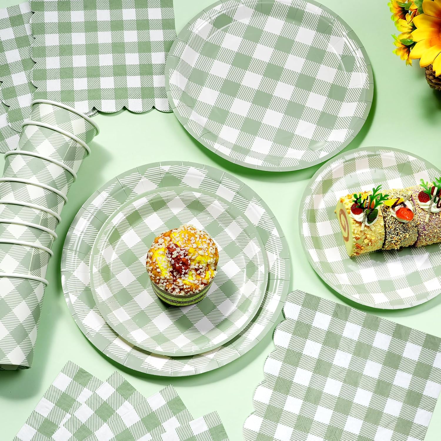 350 Pcs Sage Green Gingham Plates and Napkins Set, Sage Gingham Party Supplies with Paper Plates Napkins Cups Plastic Spoons Forks Knives for Wedding Picnic Baby Shower Decorations