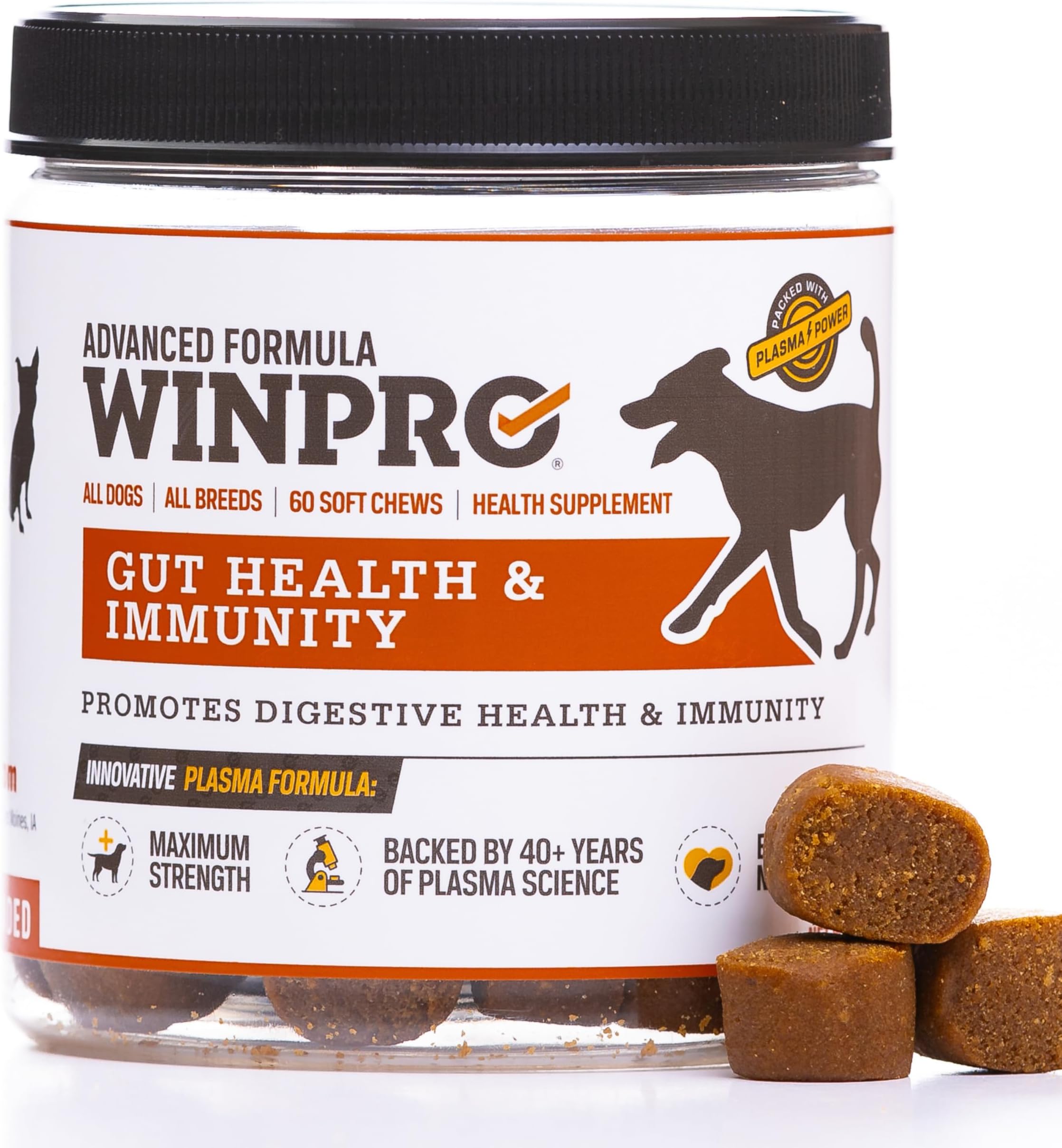WINPRO | Dog Gut Health Supplement, Plasma-Powered Chews for Digestive Health, Fast Acting Immune Support in Dogs of All Breeds and Sizes, 60 Count, Made in USA