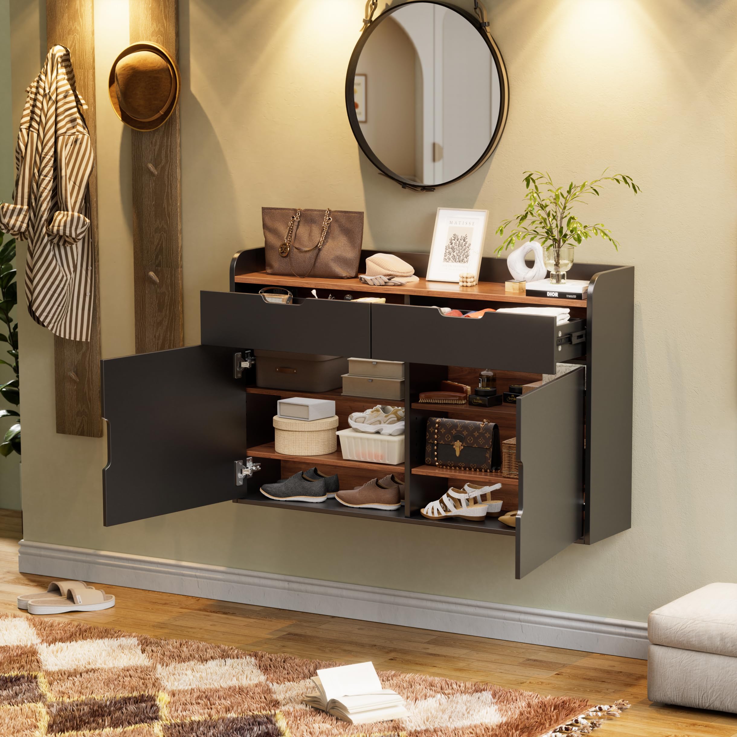Mobile da ingresso Multiuso da appendere, Scarpiera Salvaspazio Slim,Scarpiera Chiusa con 2 cassetti, 4 ripiani regolabili, Madia Salvaspazio, per ingresso, corridoio, anticamera,100x63x22 cm (BxHxT)