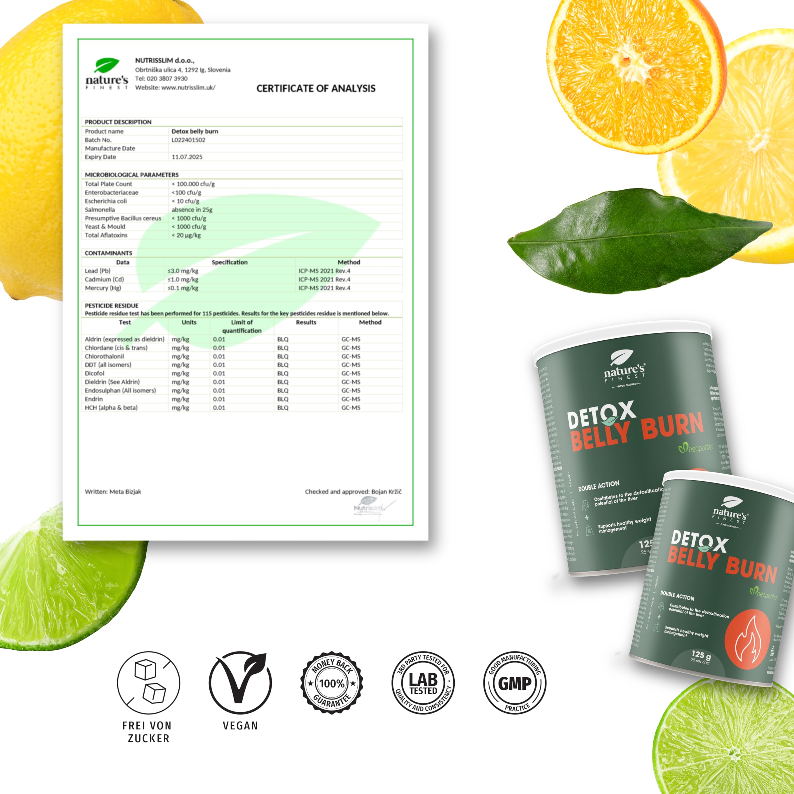 Nature's Finest Detox Belly Burn Drink, Trinkpulver 625 g (5er Pack) | Mit Neopuntia Feigenkaktus, Chlorella, Mariendistel & Artischocke - Orangengeschmack, vegan, glutenfrei