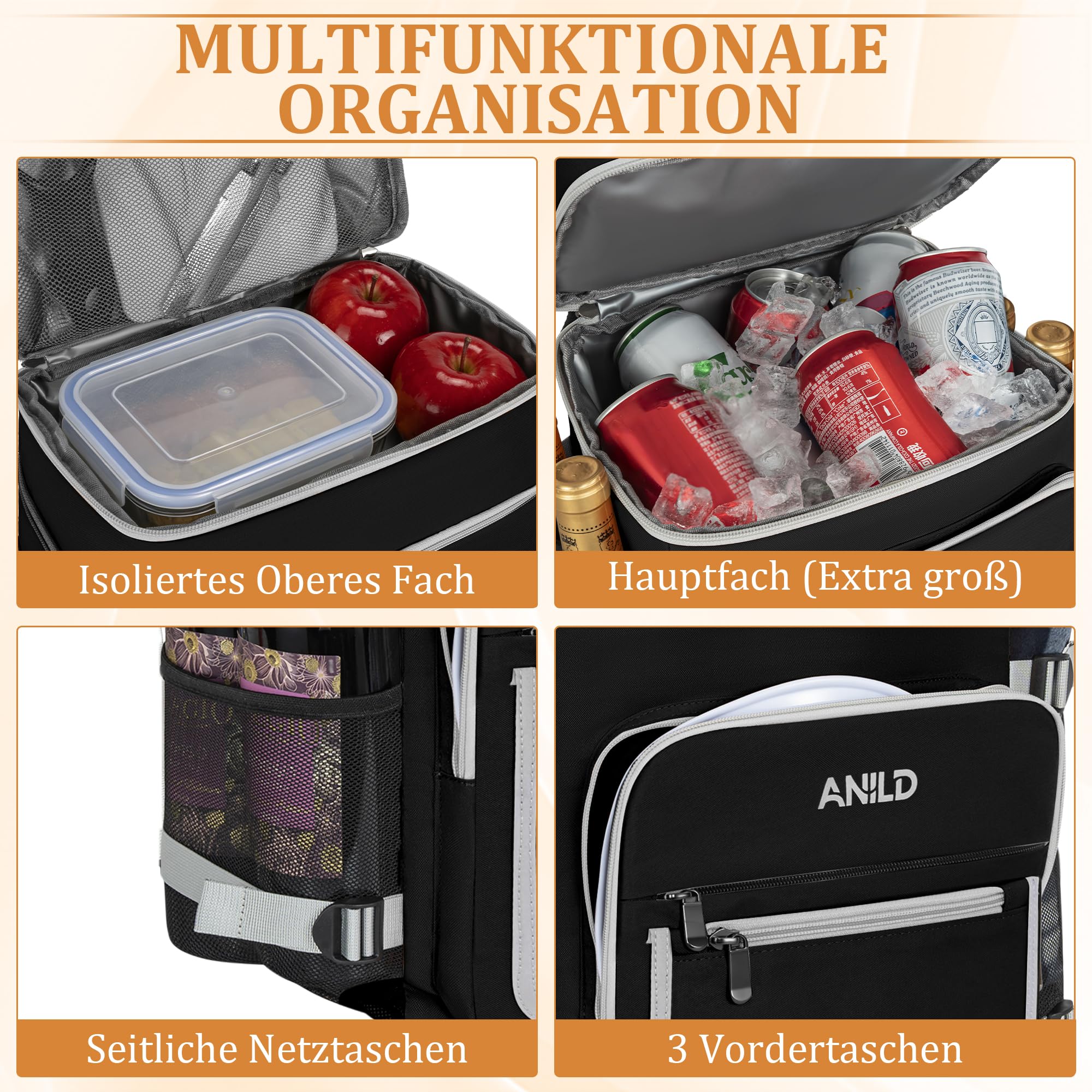 40 Dosen Isolierter Kühlrucksack 30L, Thermo Rucksack Groß, Auslaufsichere wasserdichte Picknickrucksack Kühltasche, Picknicktasche Lunchtasche für Camping, Picknick, Grill und Wandern