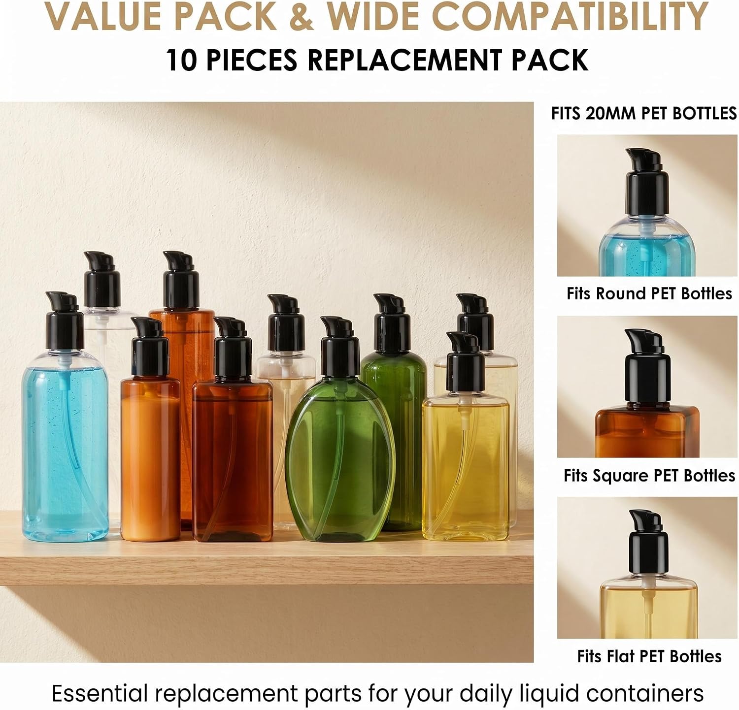 10 Pcs 20mm 415 Black Plastic Replacement Foundation Pumps, Rotate Lock Cosmetic Pump Dispenser, Leakproof Makeup Pump Top Head for Lotion Essential Oil Skincare