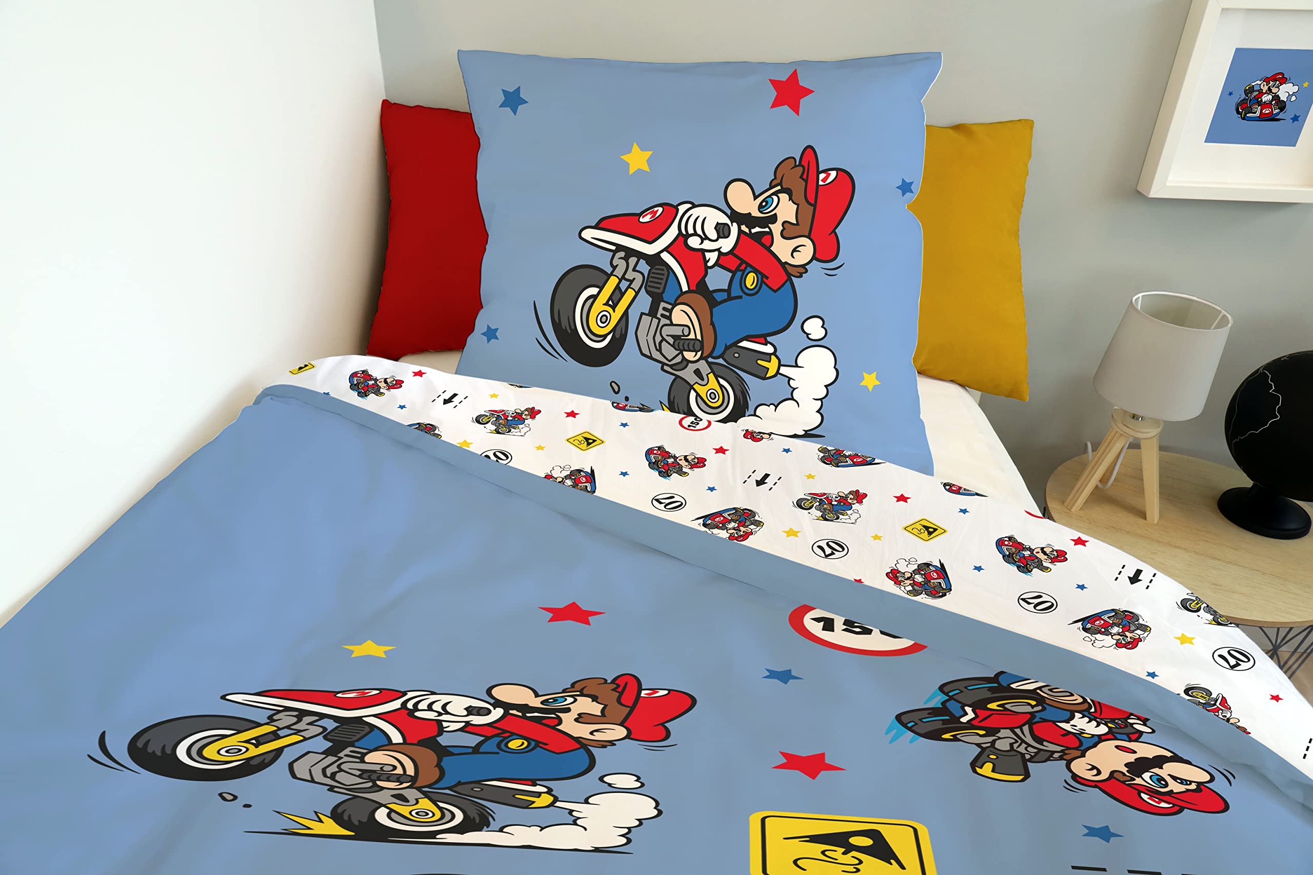 SAHINLER créateur d'univers Mario - Housse de Couette Mario Kart 140x200 cm + 1 Taie d'oreiller 63x63 cm - 100% Coton - Bleu