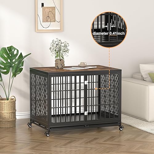 Miniatura 2 de Jaula de perro resistente de 42 pulgadas para perros grandes y medianos, jaula estilo muebles con 2 bandejas extraíbles, 4 ruedas con cerradura y 2