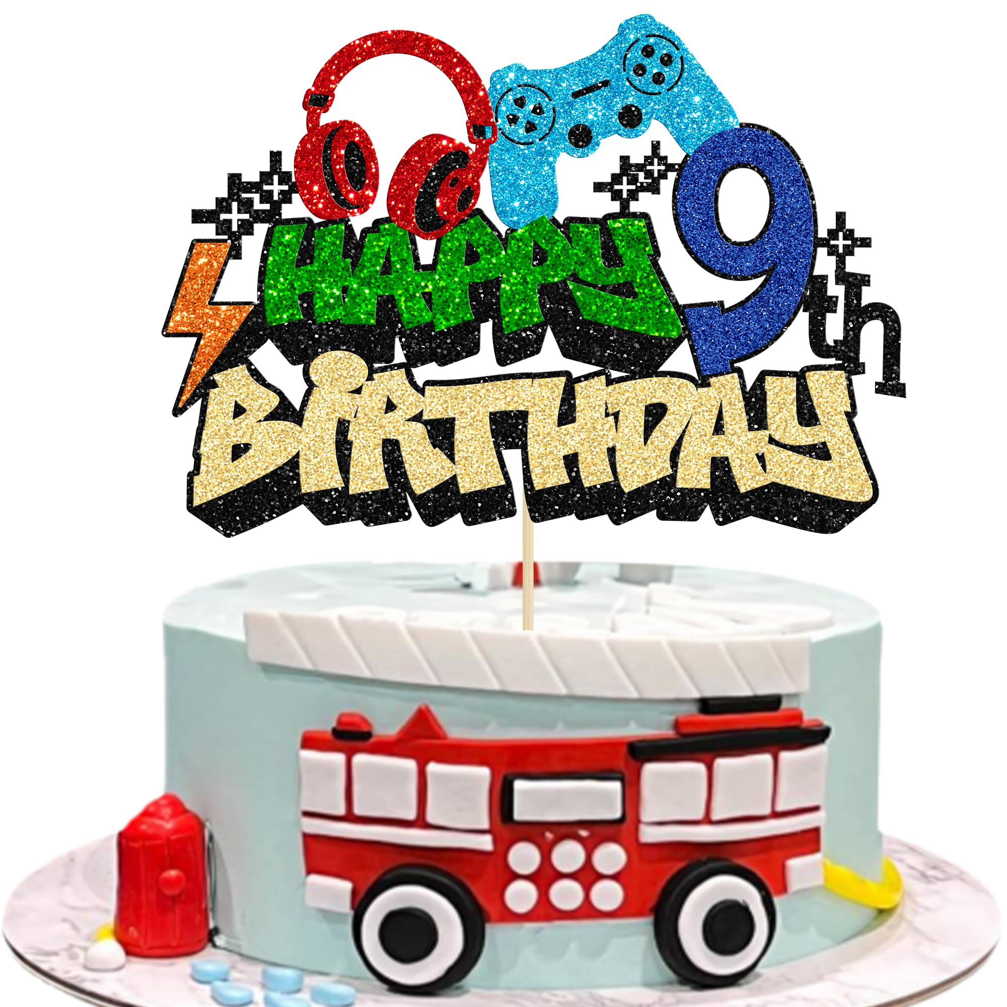 Gyufise 1Pcs Video Game Happy 9th Birthday Cake Topper Glitter Video Game Cake Pick Game On Controllers Tenth Cheers to 9 Years Cake Decoration for