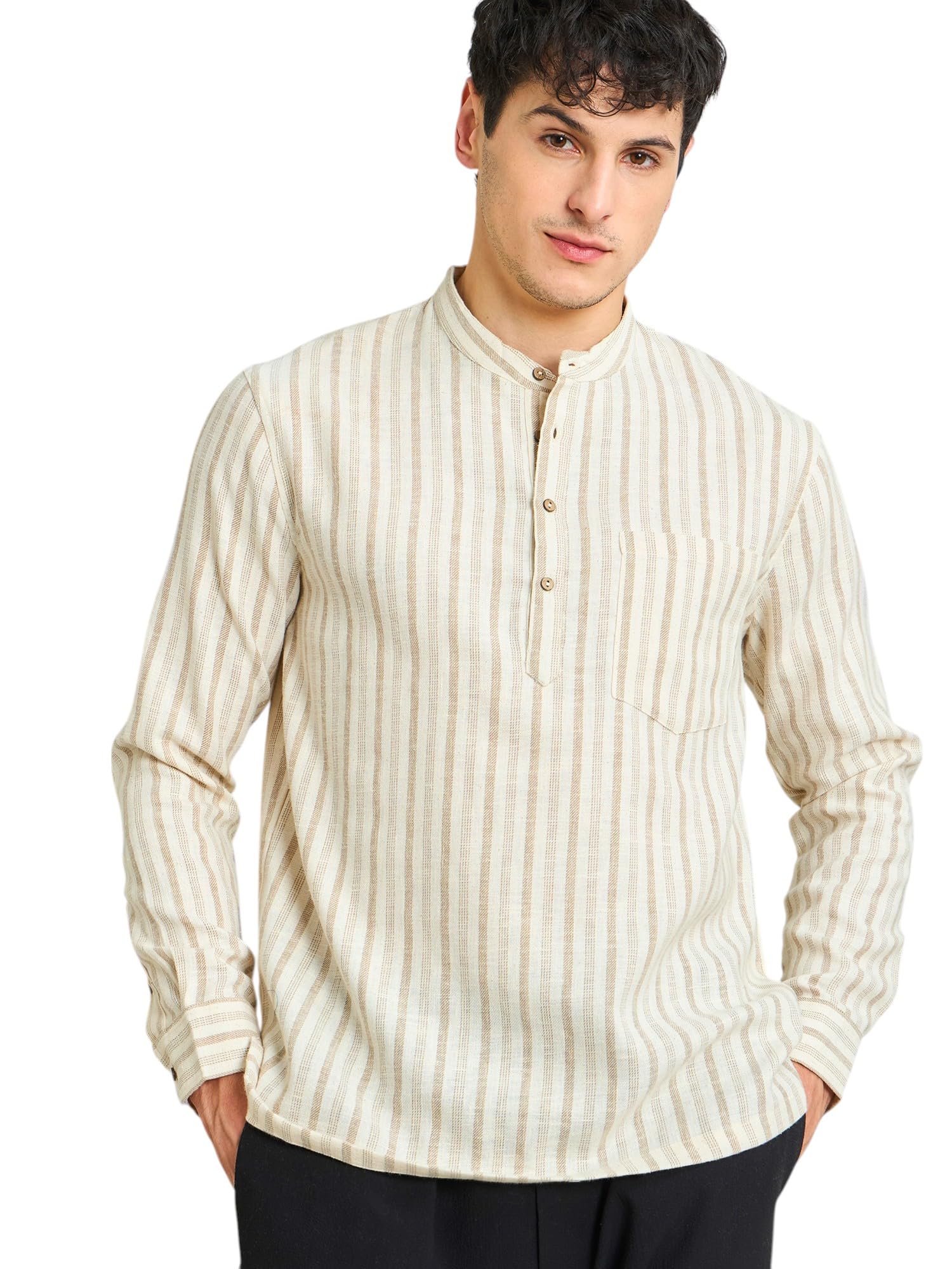 SASSAFRAS Beige & Brown Stripes Relax Fit Kurta Shirt in beige