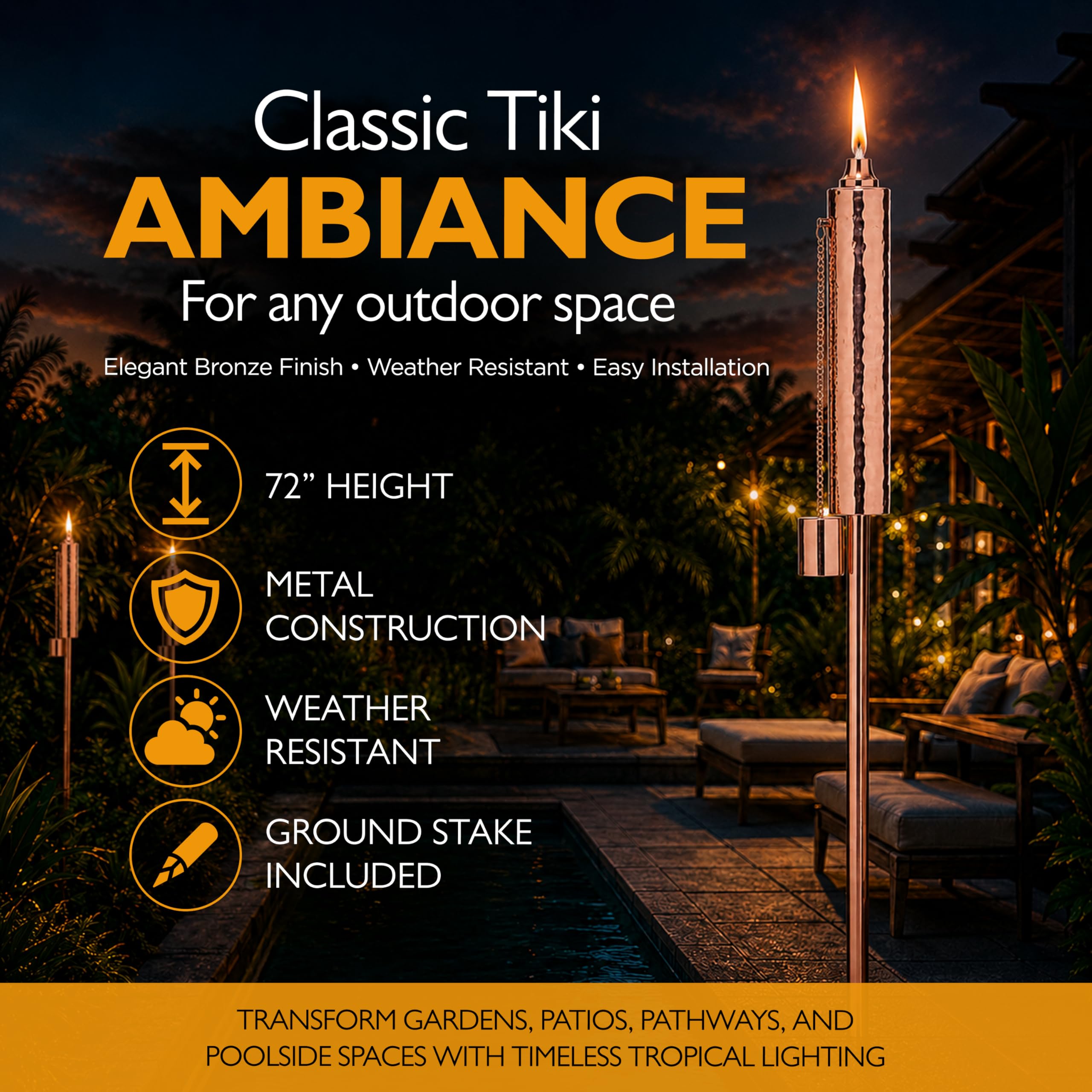 Firefly Torcia Tiki per esterni, design tubolare resistente alle intemperie per giardini, sentieri, patii e piscine, facile installazione, illuminazione classica per ambienti tropicali