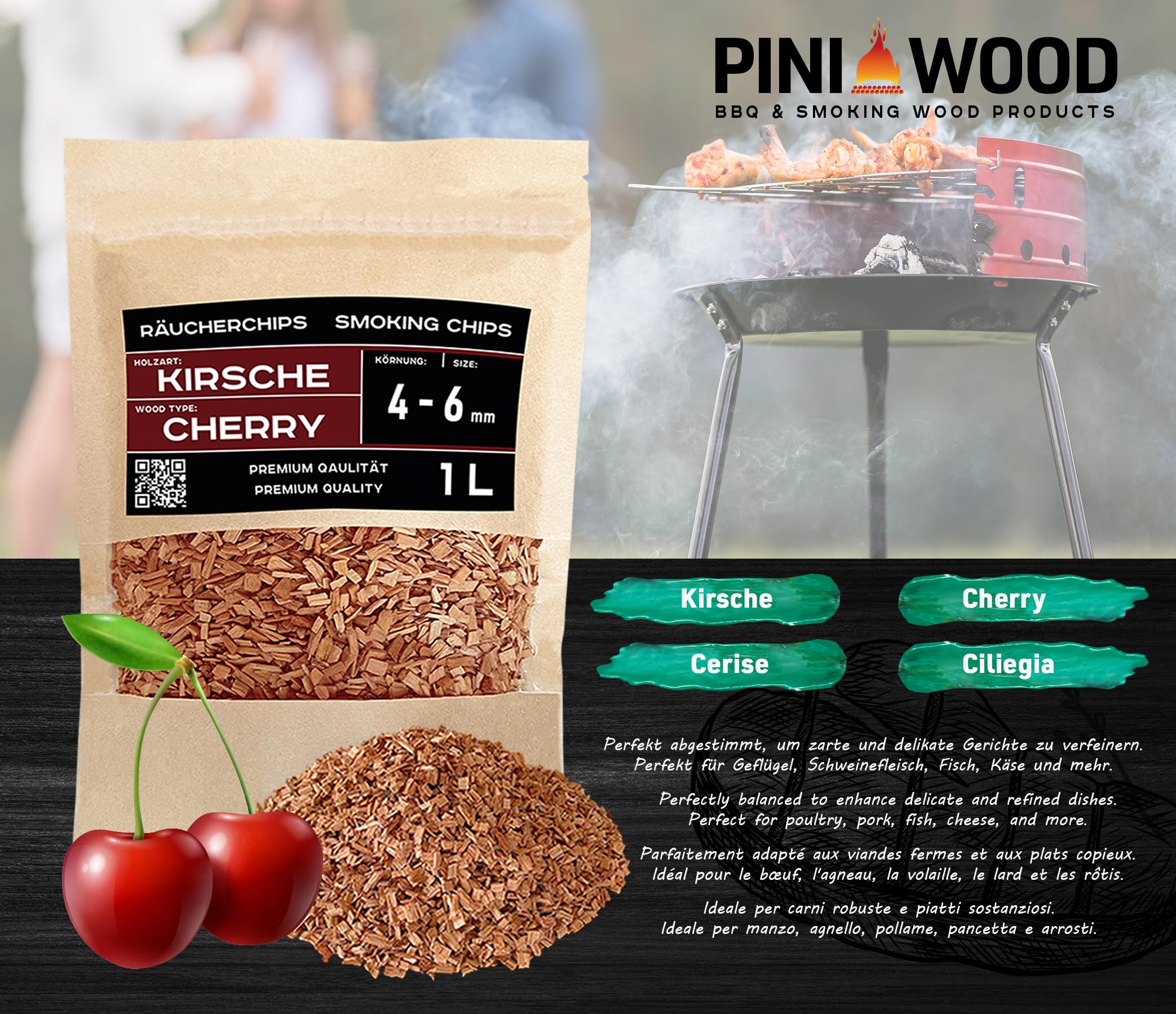 PINI Woodchips Lot de 5 copeaux de fumage de 1 litre Grain optimal 4-6 mm Copeaux de fumage variés Hêtre, Chêne, Cerise, Pomme, Aulne