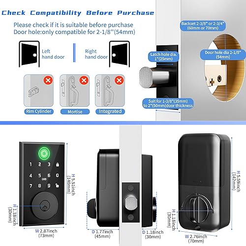 Miniatura 8 de Cerradura de puerta inteligente con huella digital, cerradura de puerta de entrada sin llave con Bluetooth integrado, identificación de huellas