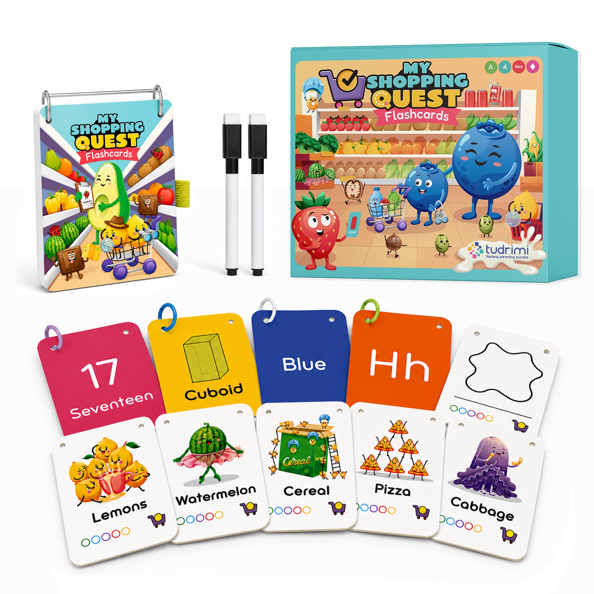 Shopping List Game & Alphabet Flash Cards for Kids Age 3+ | Numbers, Colours & Shapes | Wipe-Clean & Trace | Montessori Educational Toy | Tudrimi™