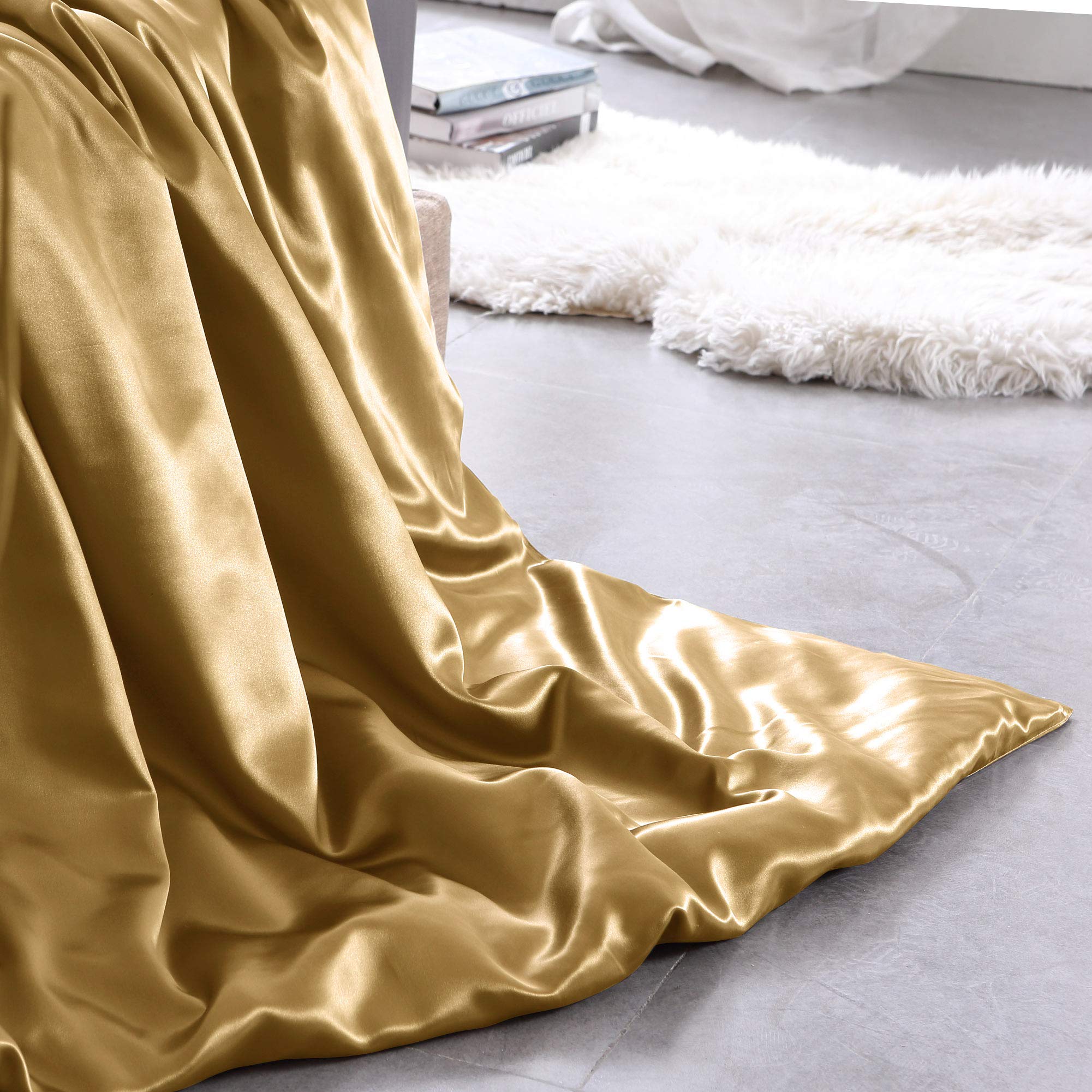 THXSILK Seide Bettbezug, Seide Tröster Cover, Seidenbettwäsche, 100% 19 Momme Bestnote Maulbeerseide Bettwäsche - Gold 135 x 200cm