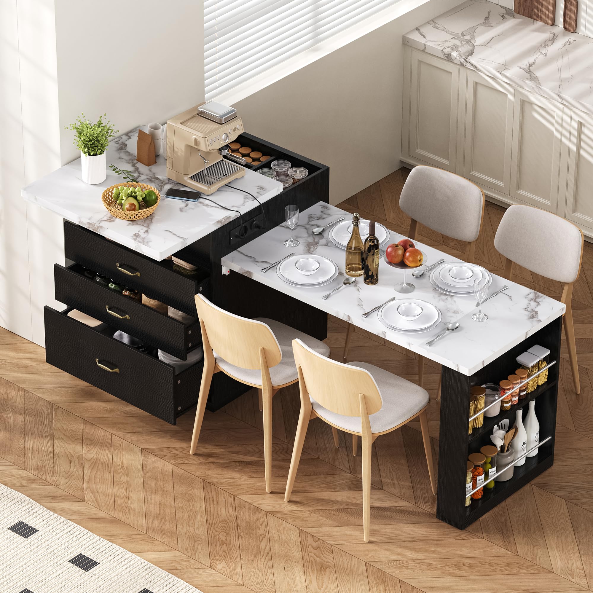 Isla de cocina, armario de cocina con ruedas, mesa de comedor extensible con iluminación LED, mesa de cocina con regletas, como aparador, mueble o mesa de bar para cocina, comedor (negro)