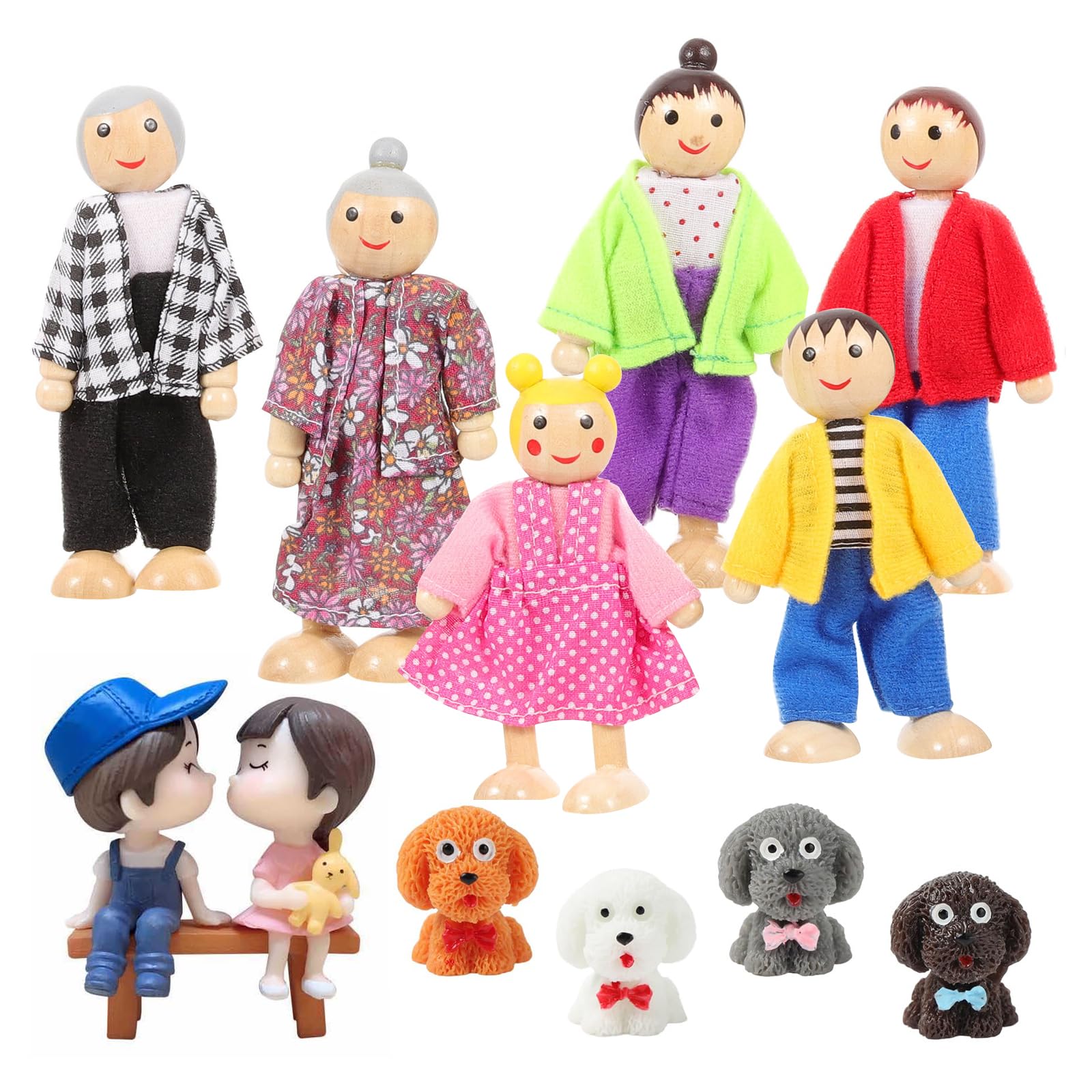 Wooden Dolls House People - 8-Piece Family with 4 Dogs, Doll House Accessories for Kids, Lovely Playset with Grandparents, Parents, Children, and Puppies