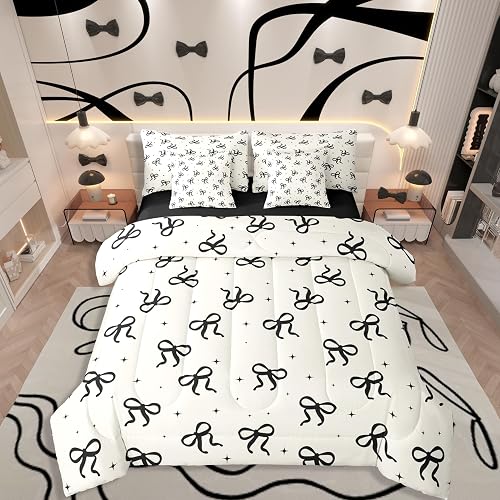 Erosebridal Black and Beige Bow Comforter Set Teen Girls Coquette Bow King