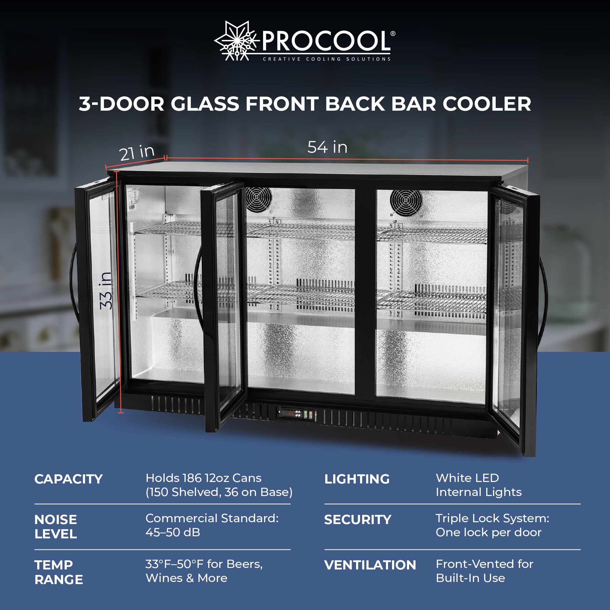 Procool 3-Door Undercounter Refrigerator - 33” Tall Energy Efficient Black Beverage Cooler With Glass Doors & White LED Lights - Residential Beverage Refrigerator For Entertaining Spaces & Home Bars on Fridge.com - View 6