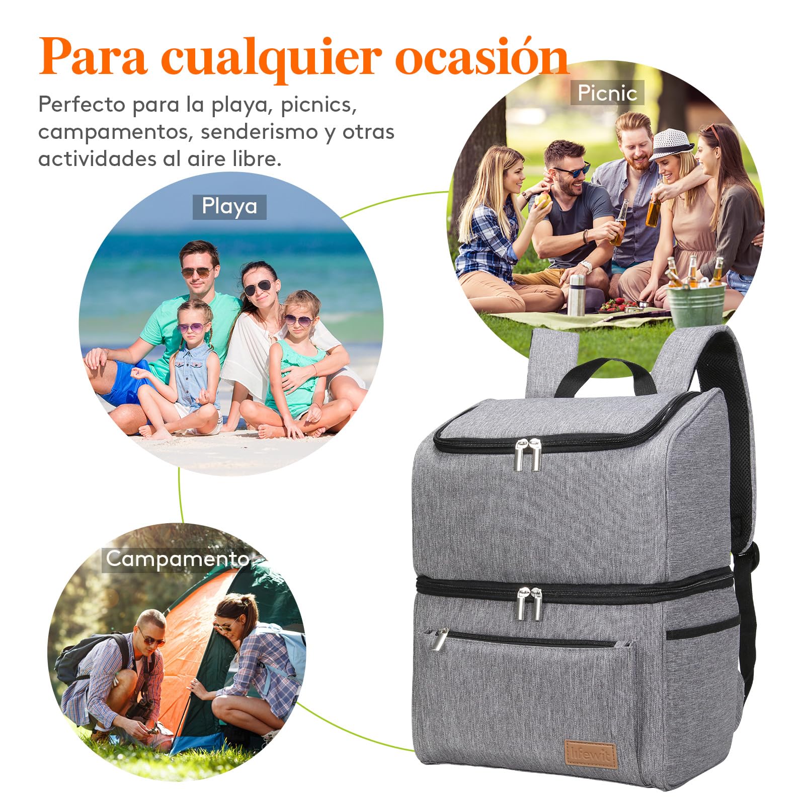 Lifewit Mochila Nevera, Mochila Termica Isotermica Grande, Nevera Portatil Porta Alimentos Doble impermeabilidad, Cooler Bag para Picnic, Playa, Camping, Trabajo, Viajes, Gris, 21L