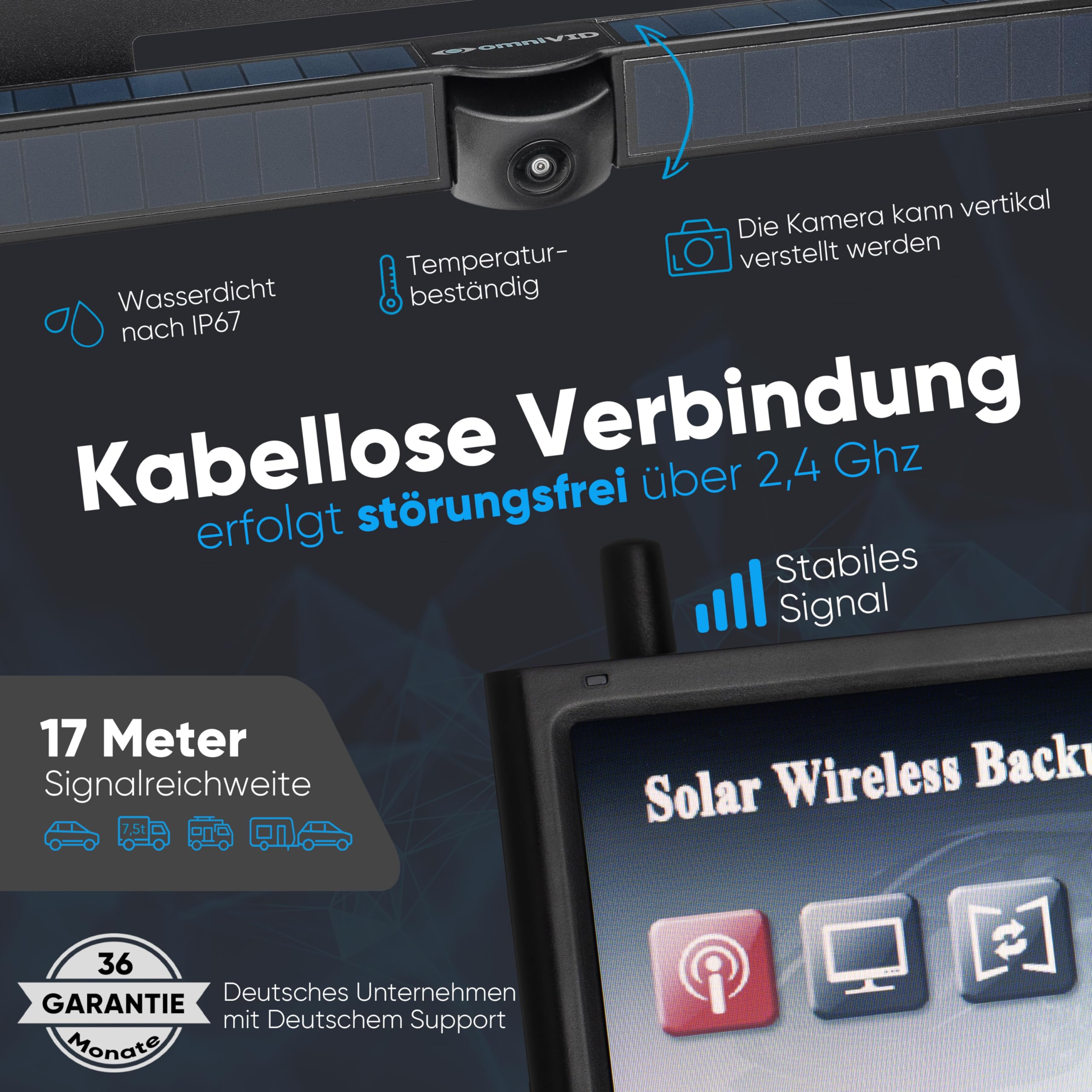 omniVID® Solar4 Premium Solar Rückfahrkamera-System, Kabellos mit 4,3 Zoll Monitor u. solarbetriebender Kamera zum Nachrüsten, Montage ohne Bohren, IP67 wasserdicht, Funk Einparkhilfe hinten o. vorne | Kabellos mit solarbetriebener Kamera, ohne Bohren nac