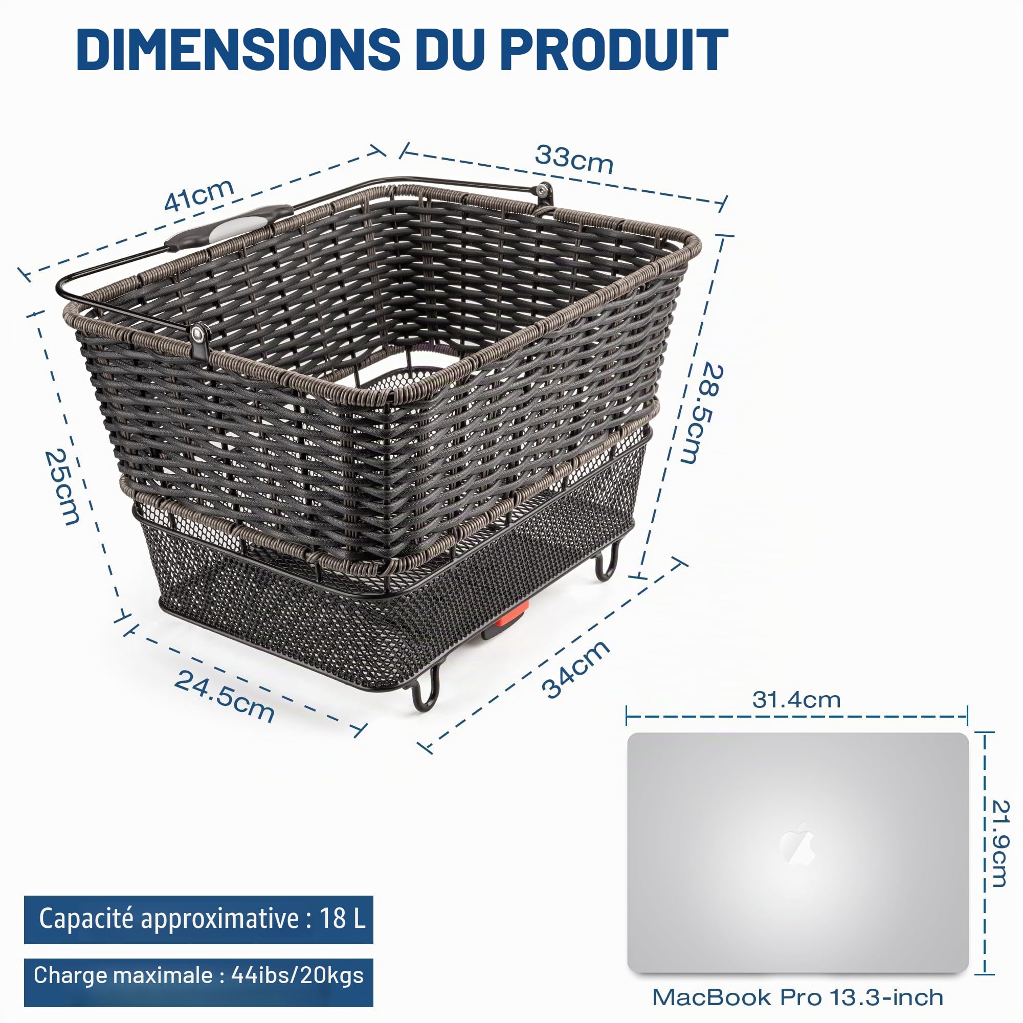 Panier Arrière de Vélo – Panier Arrière Large à Libération Rapide avec Filet de Rangement et Housse Imperméable, Panier Tressé à Grande Capacité