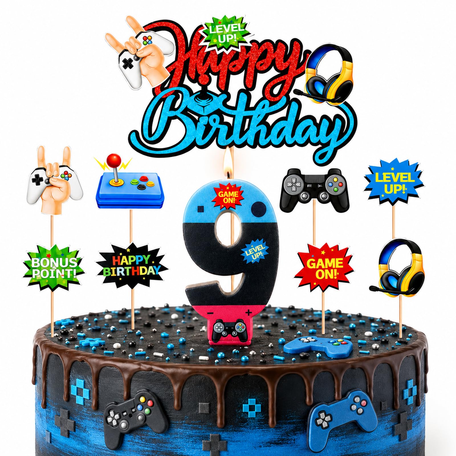 Bolosa 9th Birthday Game Cake Topper Set, Gaming Cake Decorations with Number 9 Candle, Game On 9th Birthday Topper & 8 Video Game Picks, Game Controller Party Supplies for Boys Kids, 9 Year Old