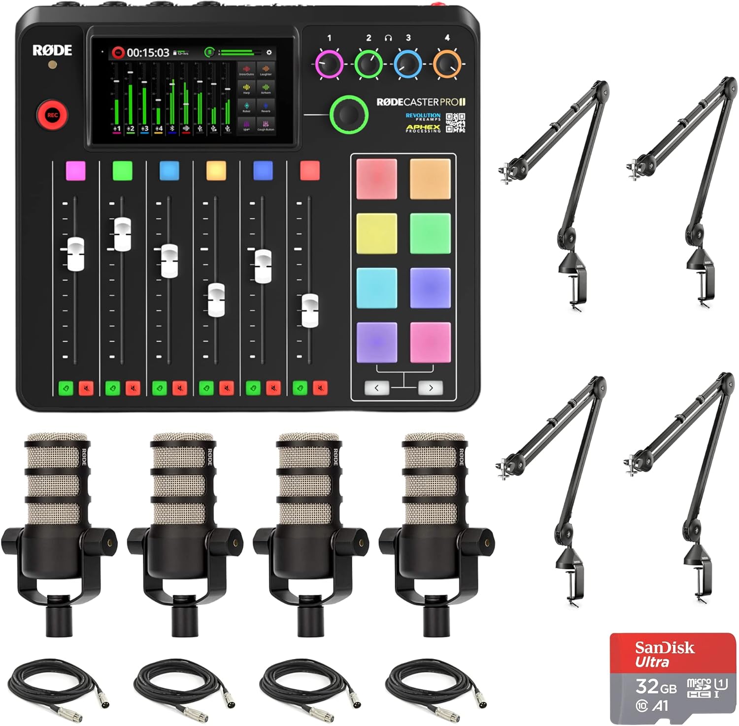 Rode RODECaster Pro 2 Integrated Audio Production Console with 4 PodMic Podcasting Microphones, PSA1 Professional Microphone Arms, 32GB microSD Card, XLR Cables and StreamEye Cloth