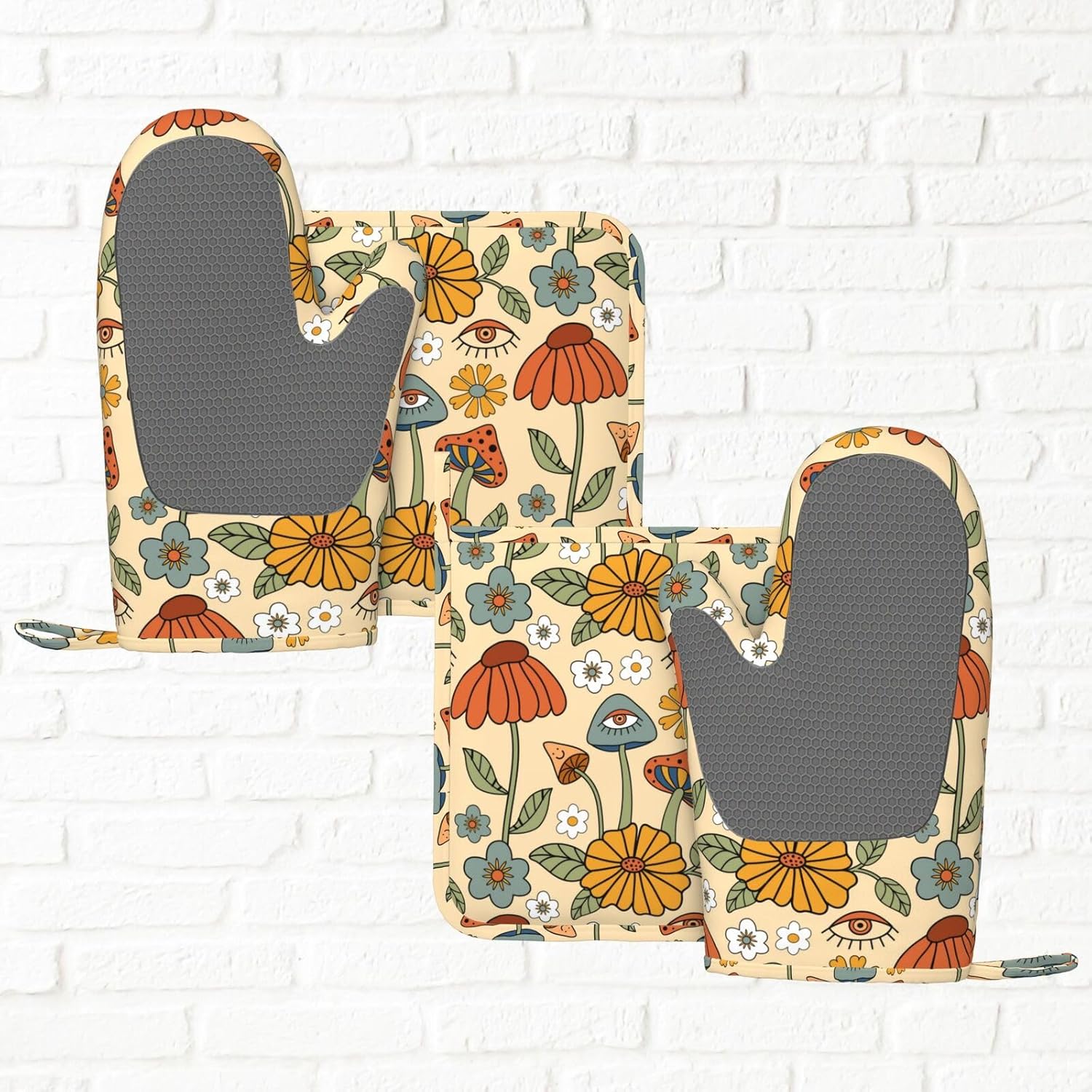 Retro 70s Floral Hippie Mushroom Oven Mitts And Pot Holders Set Of 4 Silicone Heat Resistant Oven Mitten Potholders Non Slip Gloves Kitchen Decor For Bbq Cooking Grilling Baking