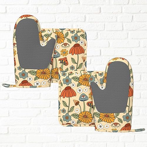 Miniatura 5 de Juego de 4 manoplas de horno y soportes para ollas retro de los años 70 con diseño de hongos hippie, de silicona, resistentes al calor, guantes