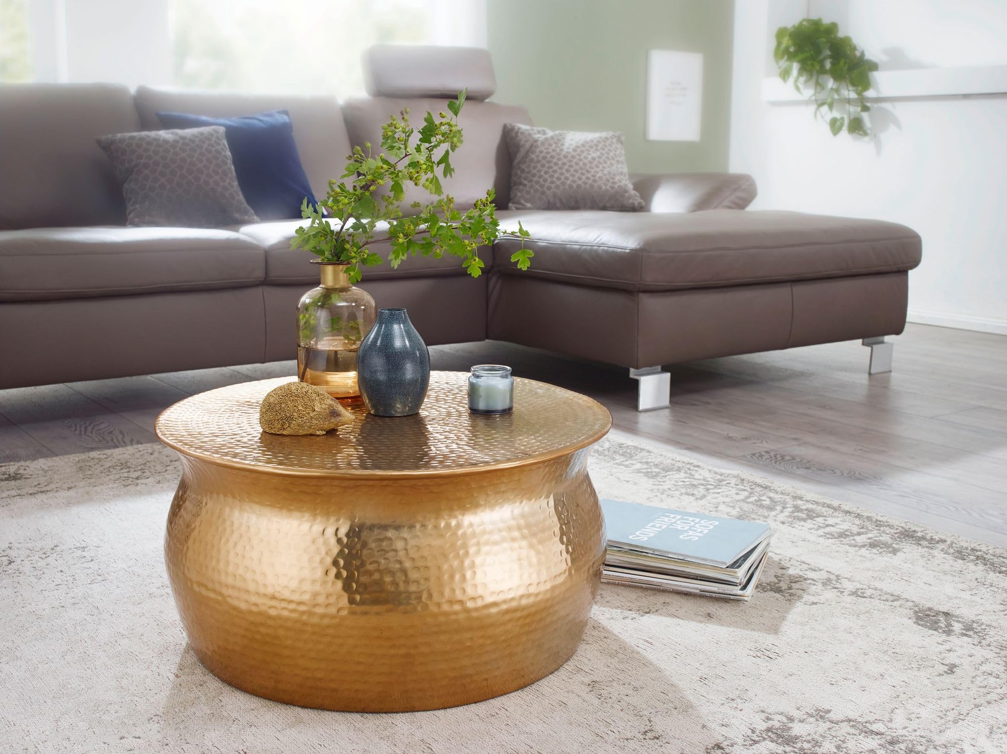 FineBuy Tavolino Salotto Metallo 60x30,5x60 cm Tavolino da Esterno Oro Martellato | Tavolo da Soggiorno Rotondo | Design Tavolino Moderno