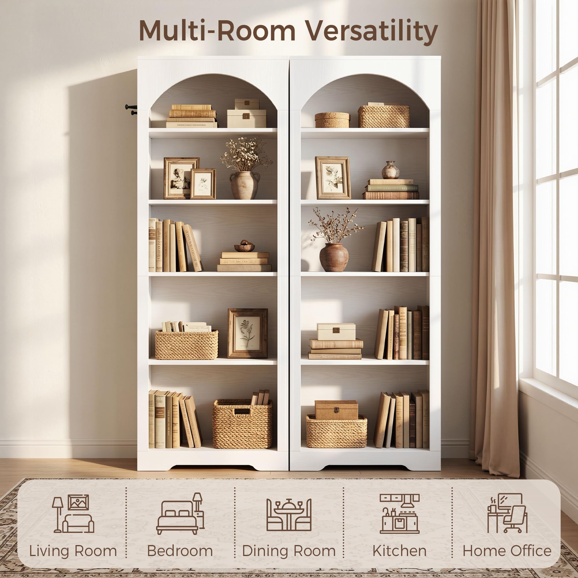 IRONCK Bücherregal, 5 Ebenen Standregal, 180 cm Hoch Rundbogen Bücherregal mit 2 Haken, Offenes Aufbewahrungsregal, Modern Design Wandregal für Wohnzimmer, Büro & Arbeitszimmer