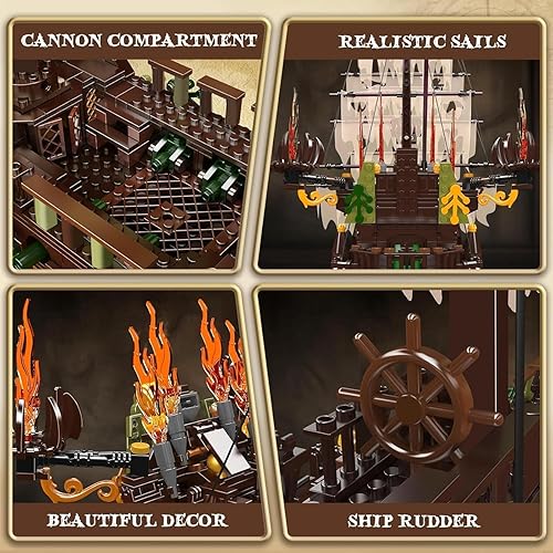 Miniatura 4 de Mould King 13138 - Kit de construcción de modelo de barco pirata grande, bloque de construcción de barco pirata holandés MOC, juego de construcción