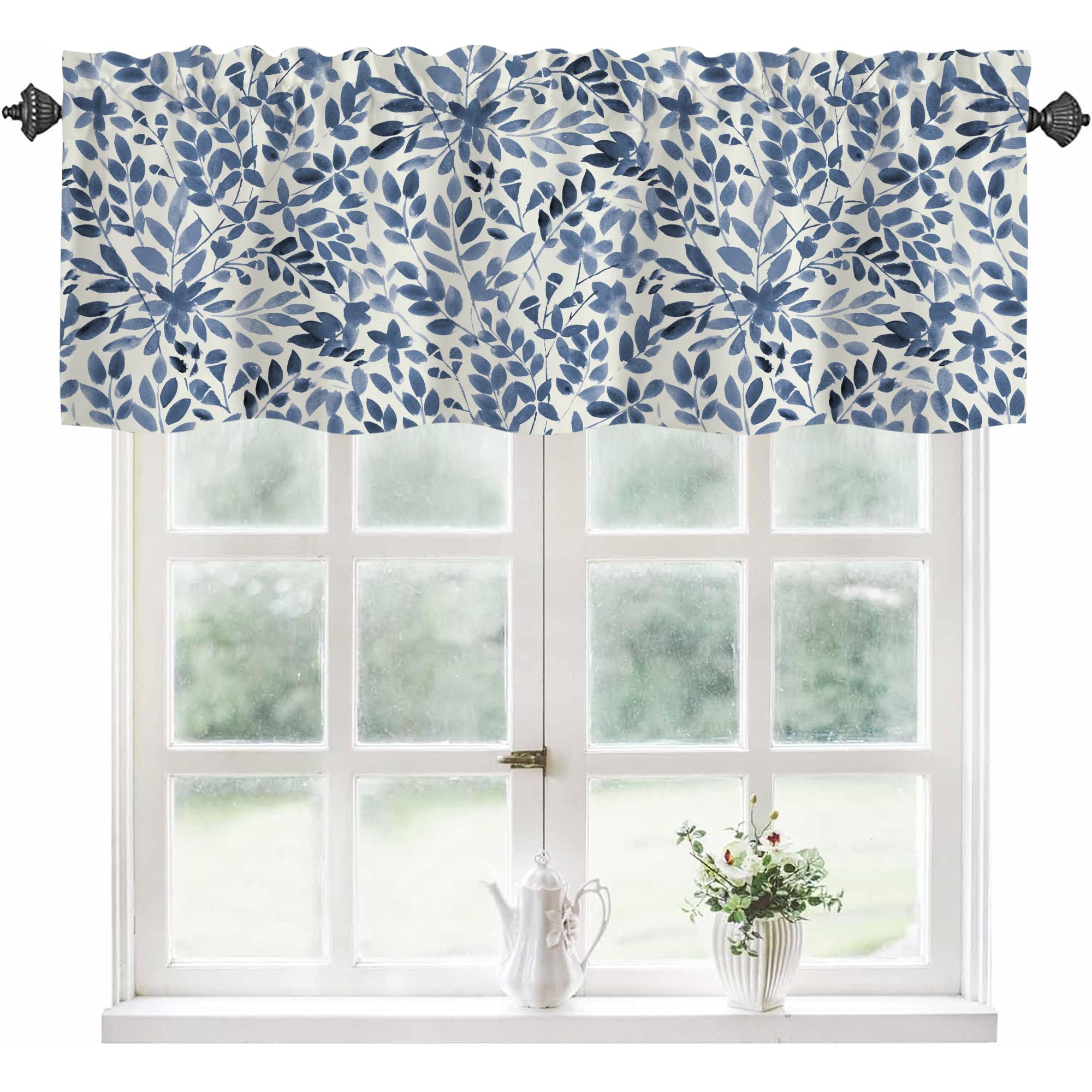 Valance Curtains for Windows,Watercolor Blue Leaves Semi Sheer Curtain Valance,Wild Meadow Leaves Window Valance Curtains,Short Rod Pocket Window