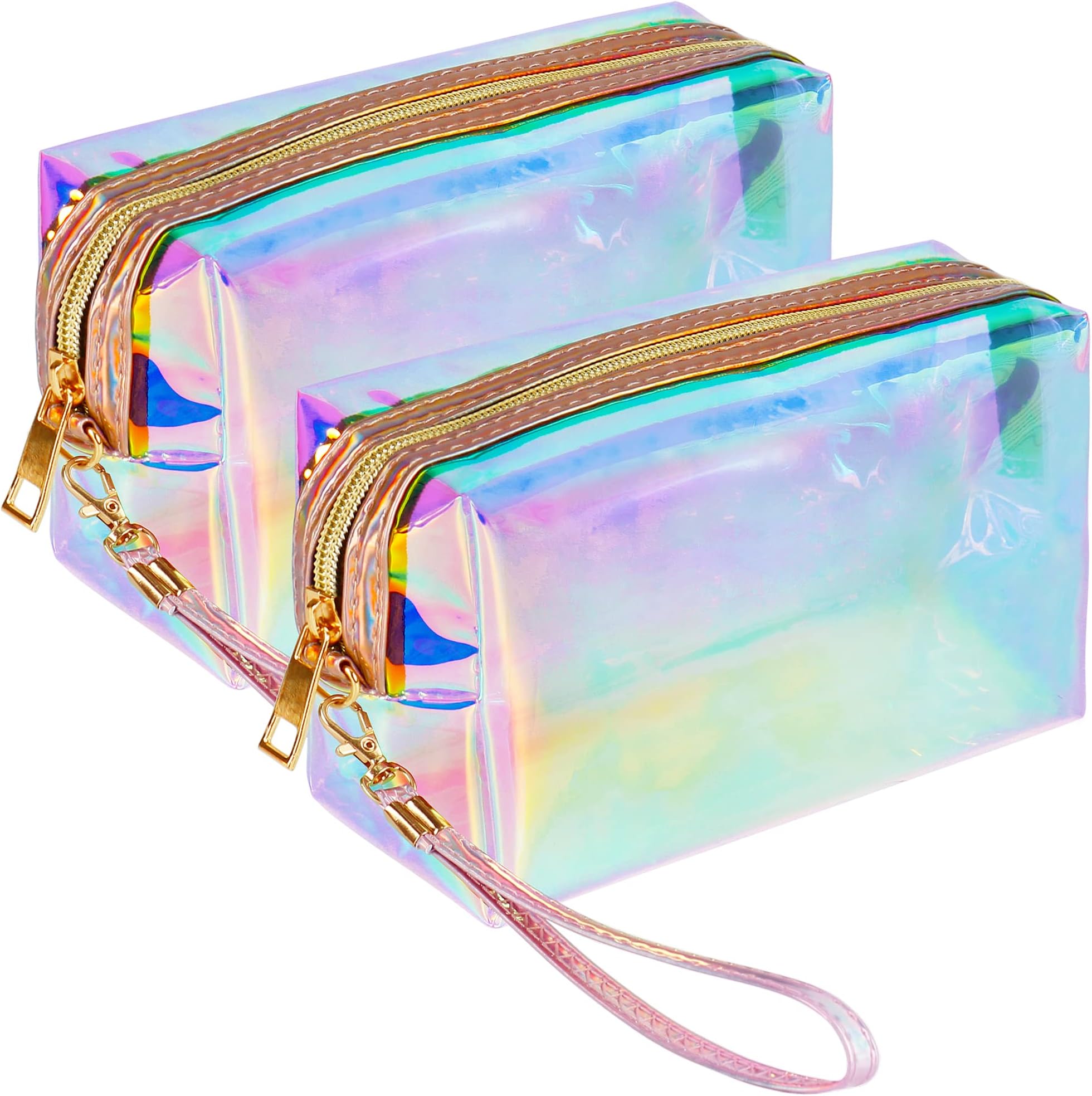 HRX Package Clear Iridescent Holographic Makeup Bag, 2pcs Travel Cosmetic Pouches with Zipper Toiletry Organizer Case for Purse Diaper Beach Bag