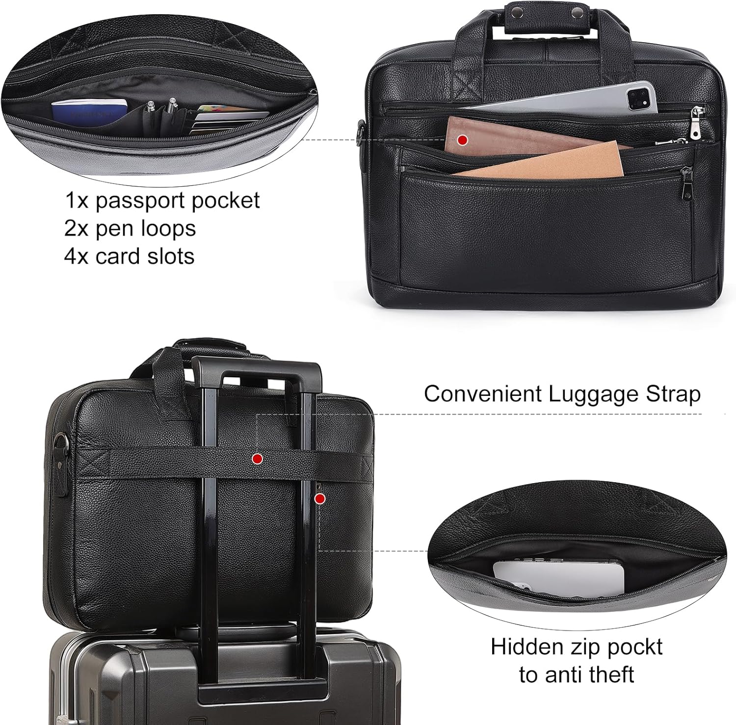 Masa Kawa Men’s Leather Briefcase for 16" Laptop Waterproof Crossbody Shoulder Messenger Bag Computer Attache Case for Business Travel Work, Black - Image 4