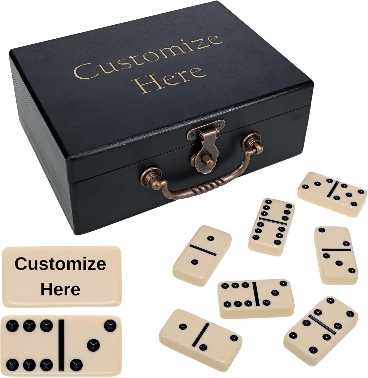 WE Games Custom Double 6 Dominoes in Engraved Black Stained Wooden Treasure Box, Dominoes Set for Adults, Ivory Color Double Six Domino, Classic Board Games, Tile Games, Personalized Domino Gift