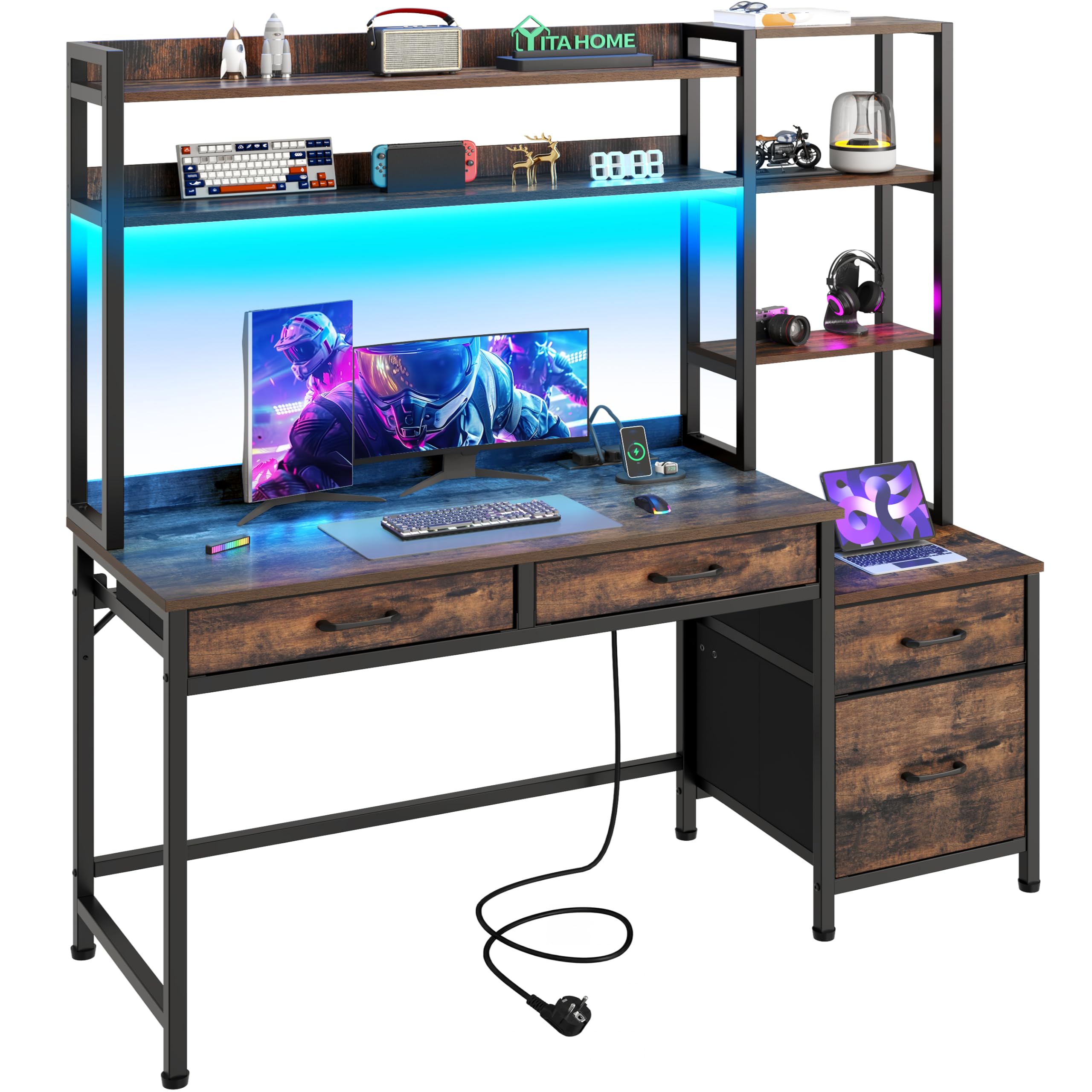 YITAHOME Computer Schreibtisch mit Schubladen, 150W x 50D x 150H cm Eckschreibtisch Für Home Office, Computer Tisch Aufbewahrungen & Regale, Gaming Schreibtisch mit LED Licht & Steckdosen, Braun